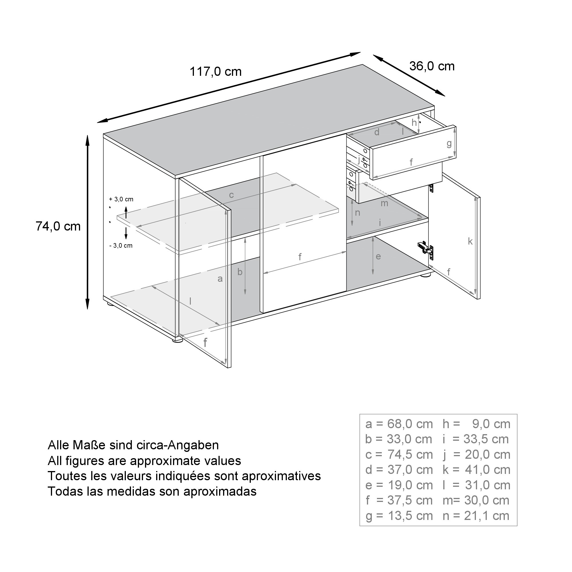 Kommode Sideboard Anrichte Schrank Ben V3 in Weiß - Hochglanz und Naturtöne