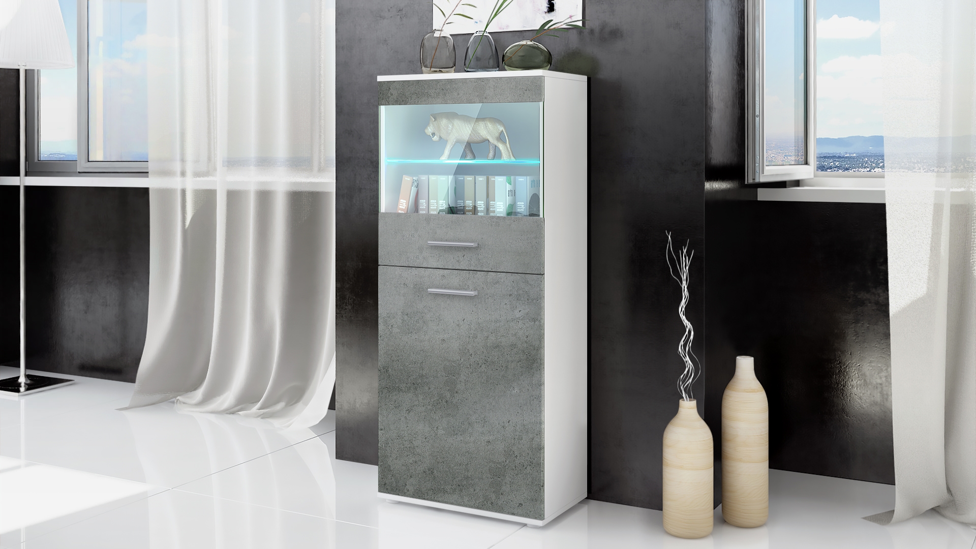 Vitrine Standvitrine Hochschrank Almada Schwarz - Hochglanz & Naturtöne - Bild 17 von 28