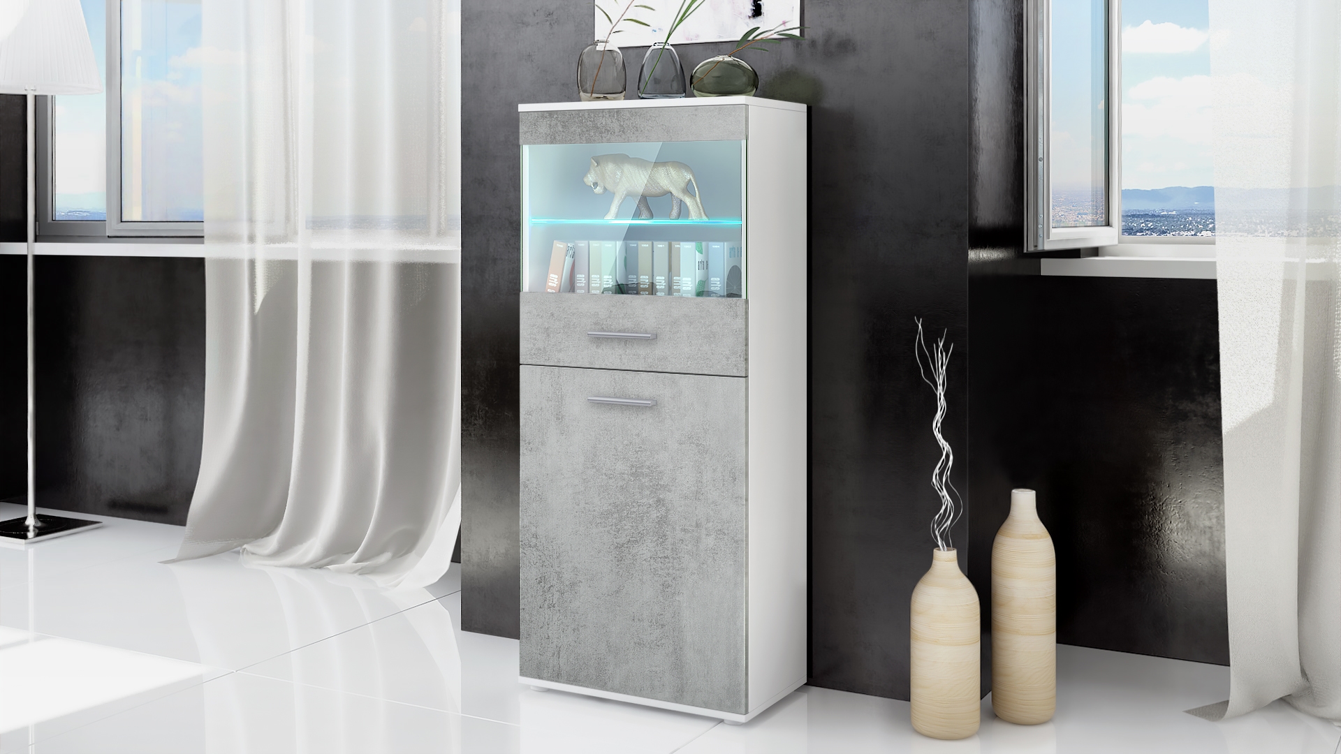 Vitrine Standvitrine Hochschrank Almada Schwarz - Hochglanz & Naturtöne - Bild 9 von 28