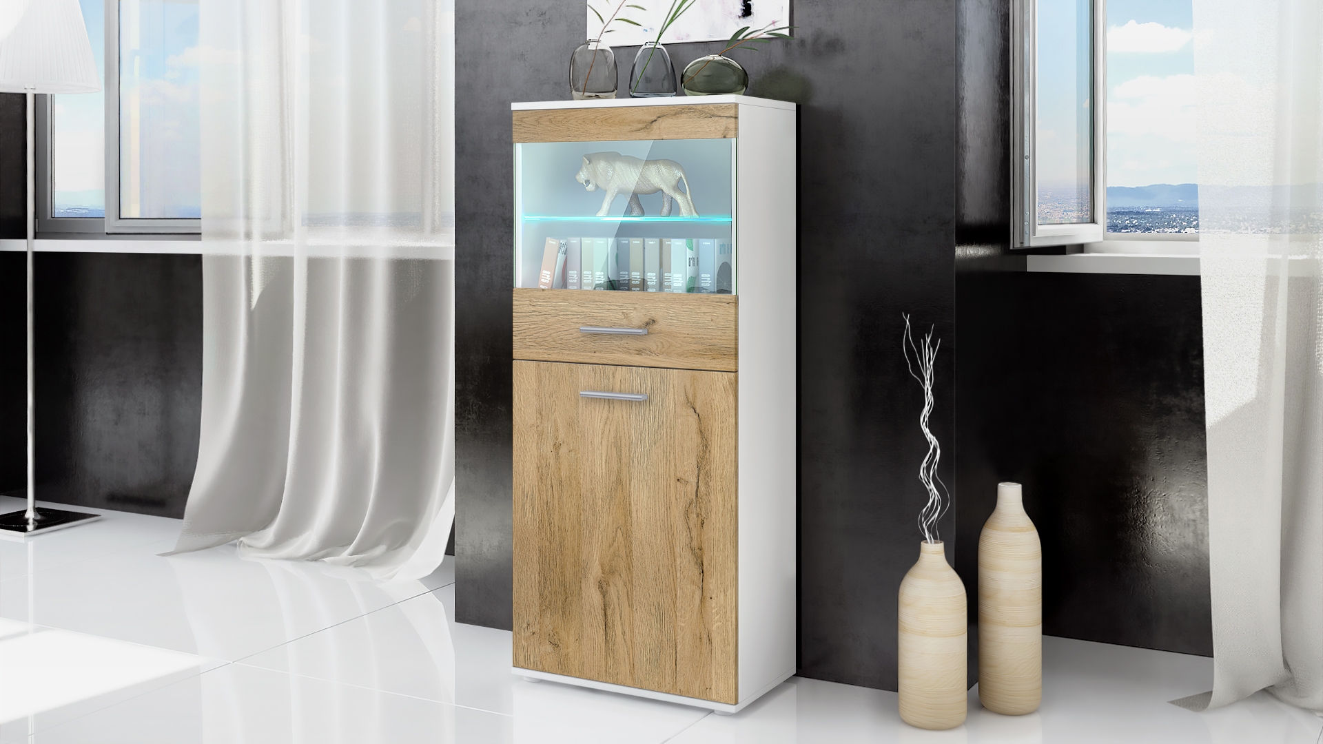Vitrine Standvitrine Hochschrank Almada Schwarz - Hochglanz & Naturtöne - Bild 19 von 28