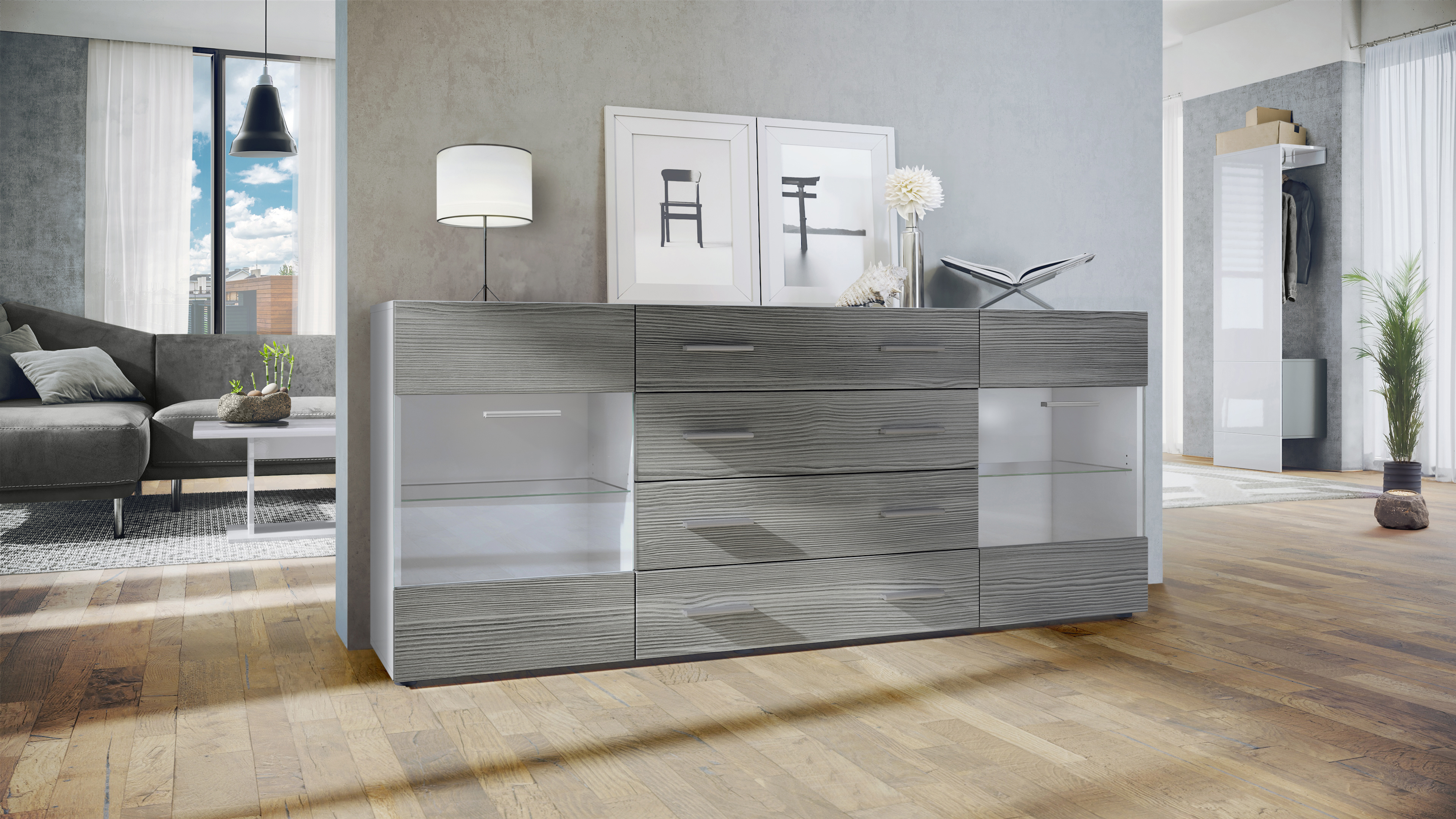 Sideboard Kommode Vitrine Schrank Anrichte Bari V2 Weiß - Hochglanz & Naturtöne - Bild 6 von 26
