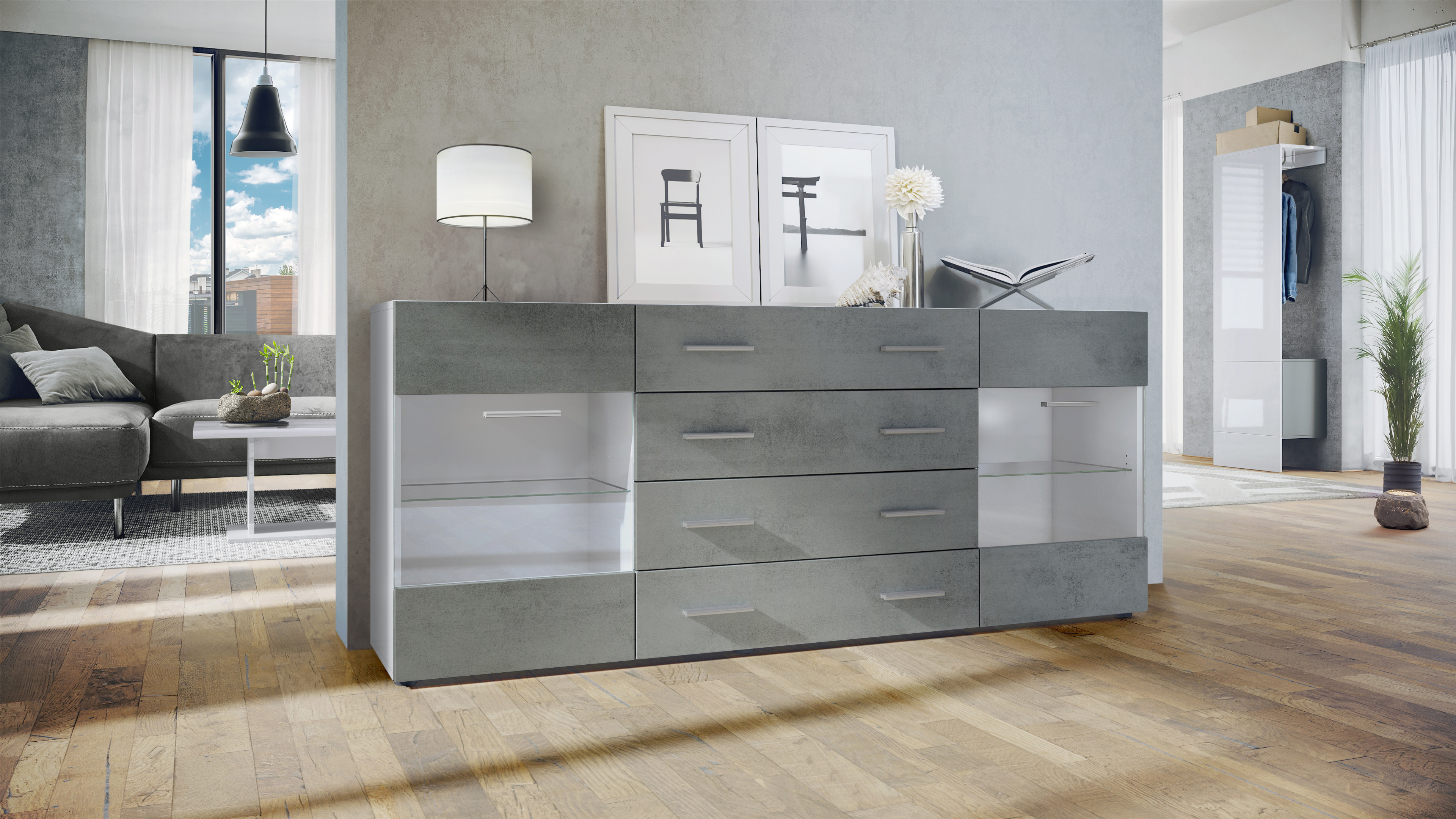 Sideboard Kommode Vitrine Schrank Anrichte Bari V2 Weiß - Hochglanz & Naturtöne - Bild 8 von 26