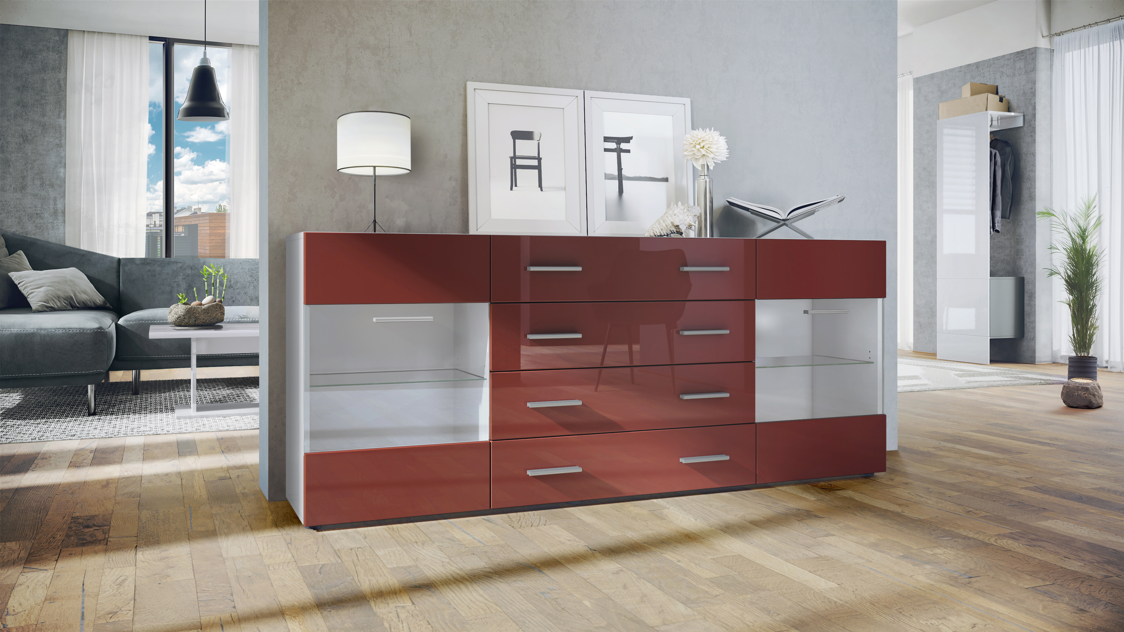 Sideboard Kommode Vitrine Schrank Anrichte Bari V2 Weiß - Hochglanz & Naturtöne - Bild 10 von 26