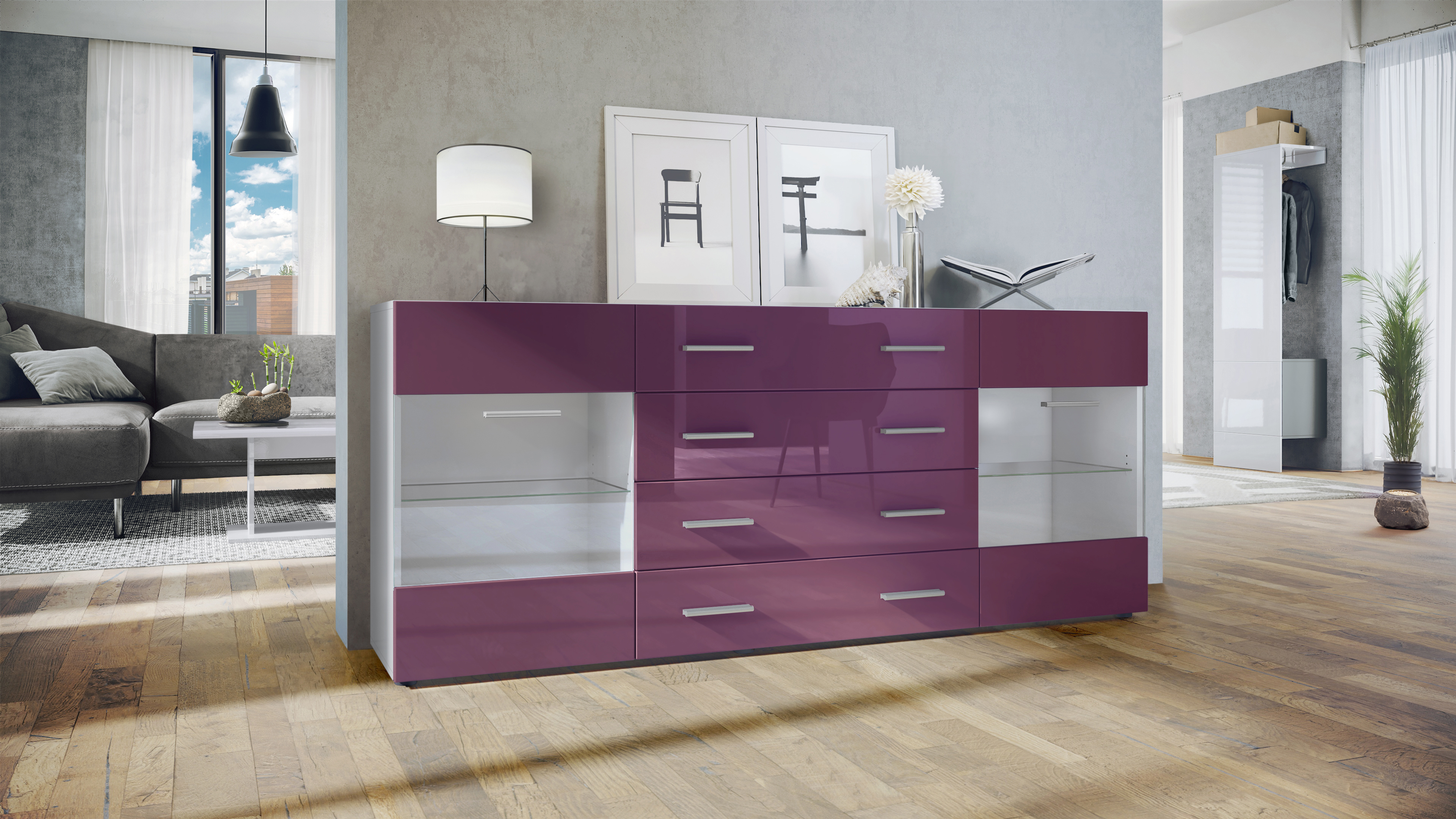 Sideboard Kommode Vitrine Schrank Anrichte Bari V2 Weiß - Hochglanz & Naturtöne - Bild 12 von 26