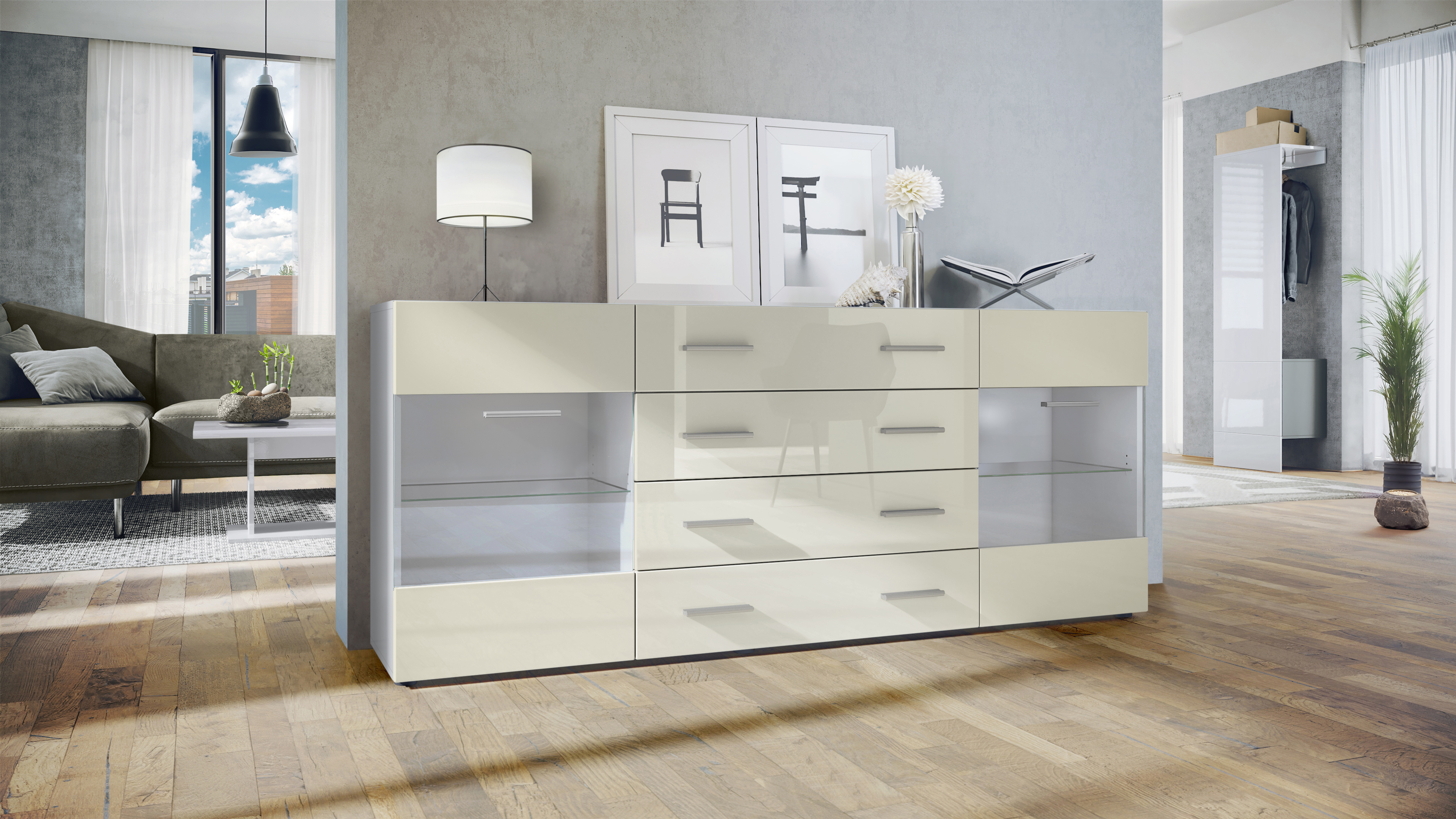 Sideboard Kommode Vitrine Schrank Anrichte Bari V2 Weiß - Hochglanz & Naturtöne - Bild 14 von 26