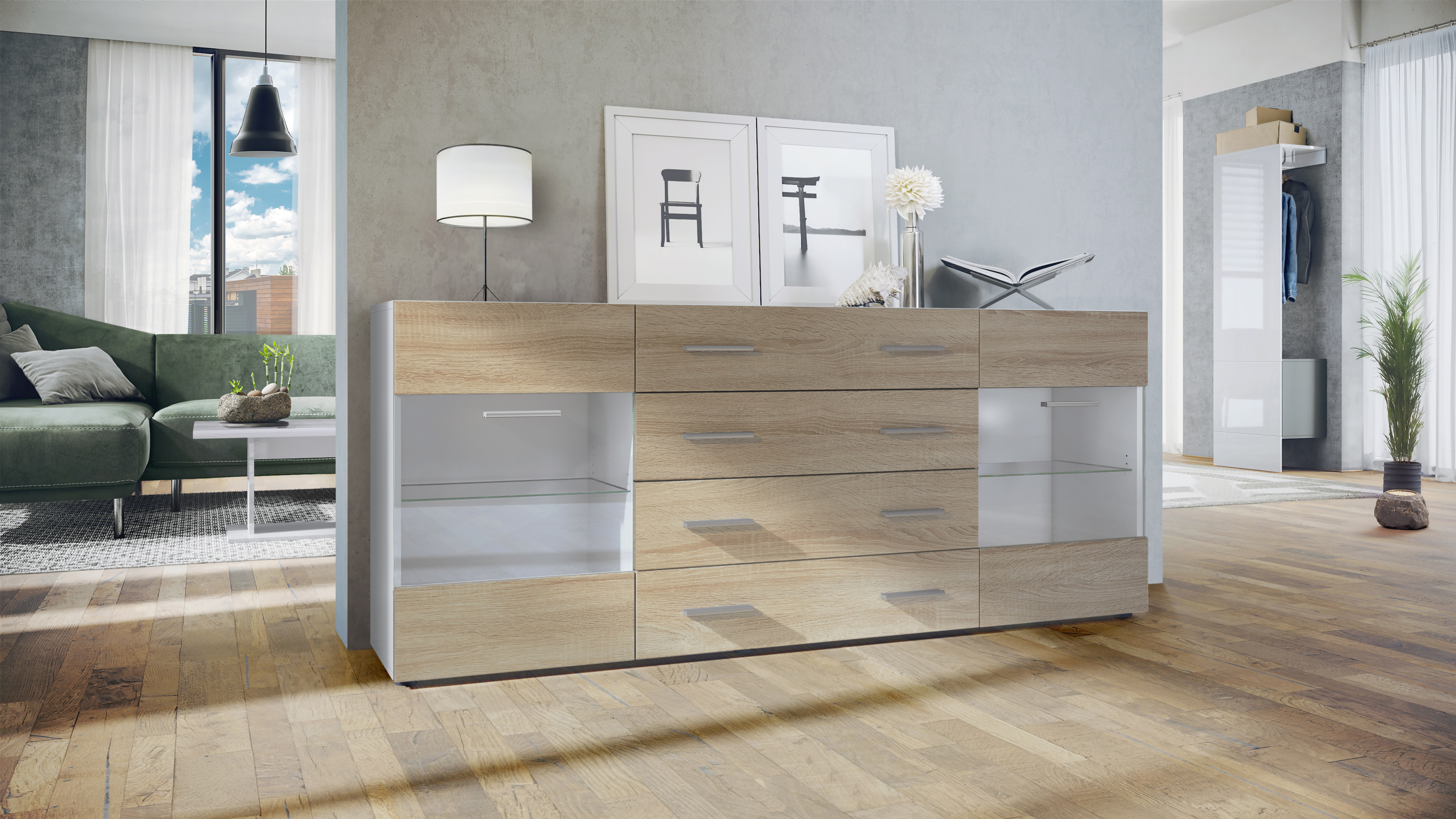 Sideboard Kommode Vitrine Schrank Anrichte Bari V2 Weiß - Hochglanz & Naturtöne - Bild 16 von 26
