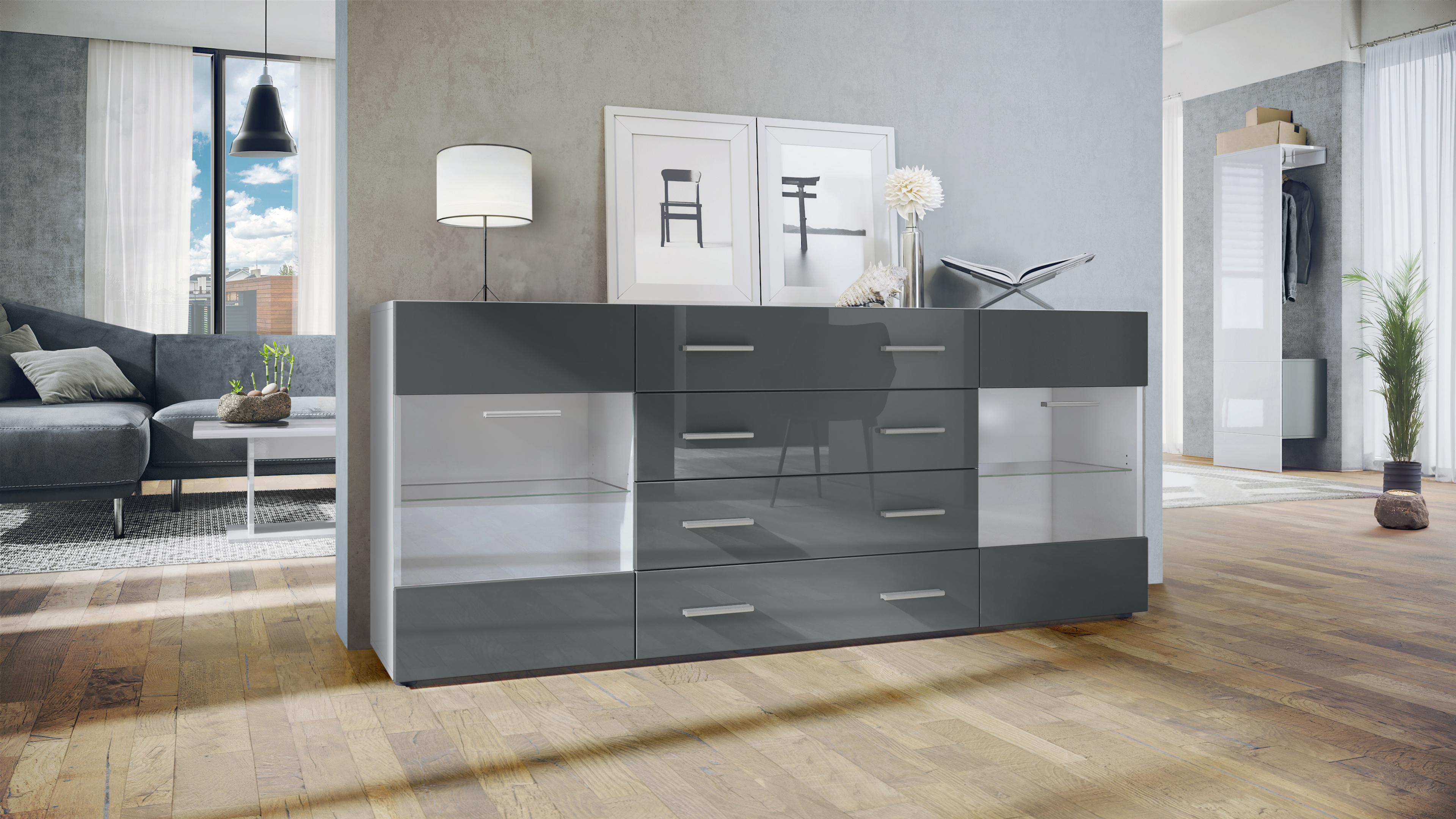 Sideboard Kommode Vitrine Schrank Anrichte Bari V2 Weiß - Hochglanz & Naturtöne - Bild 18 von 26