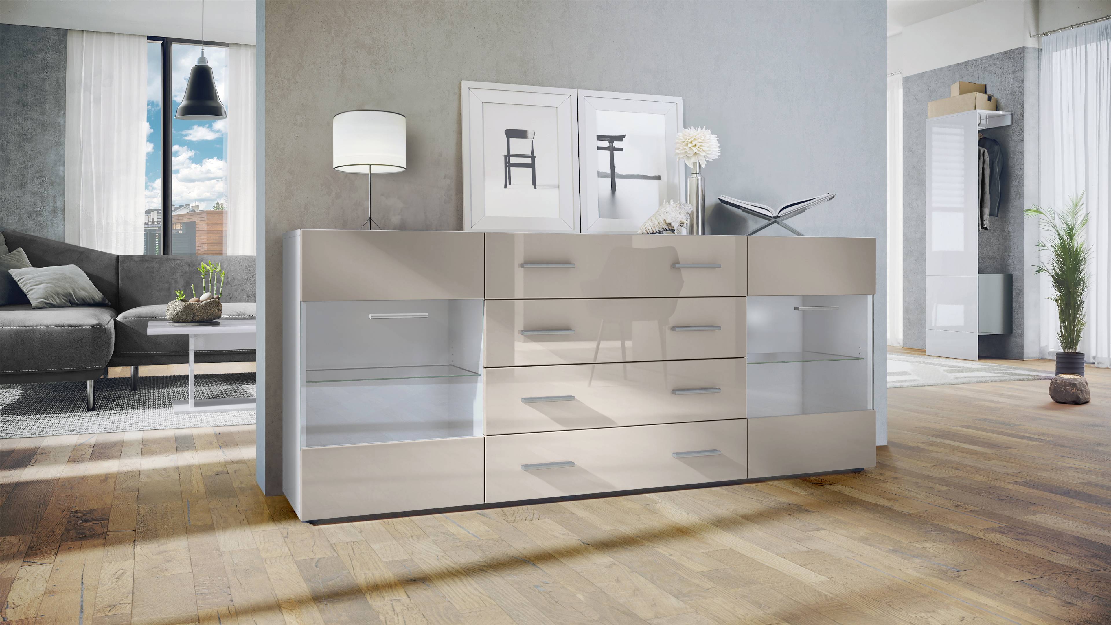 Sideboard Kommode Vitrine Schrank Anrichte Bari V2 Weiß - Hochglanz & Naturtöne - Bild 20 von 26