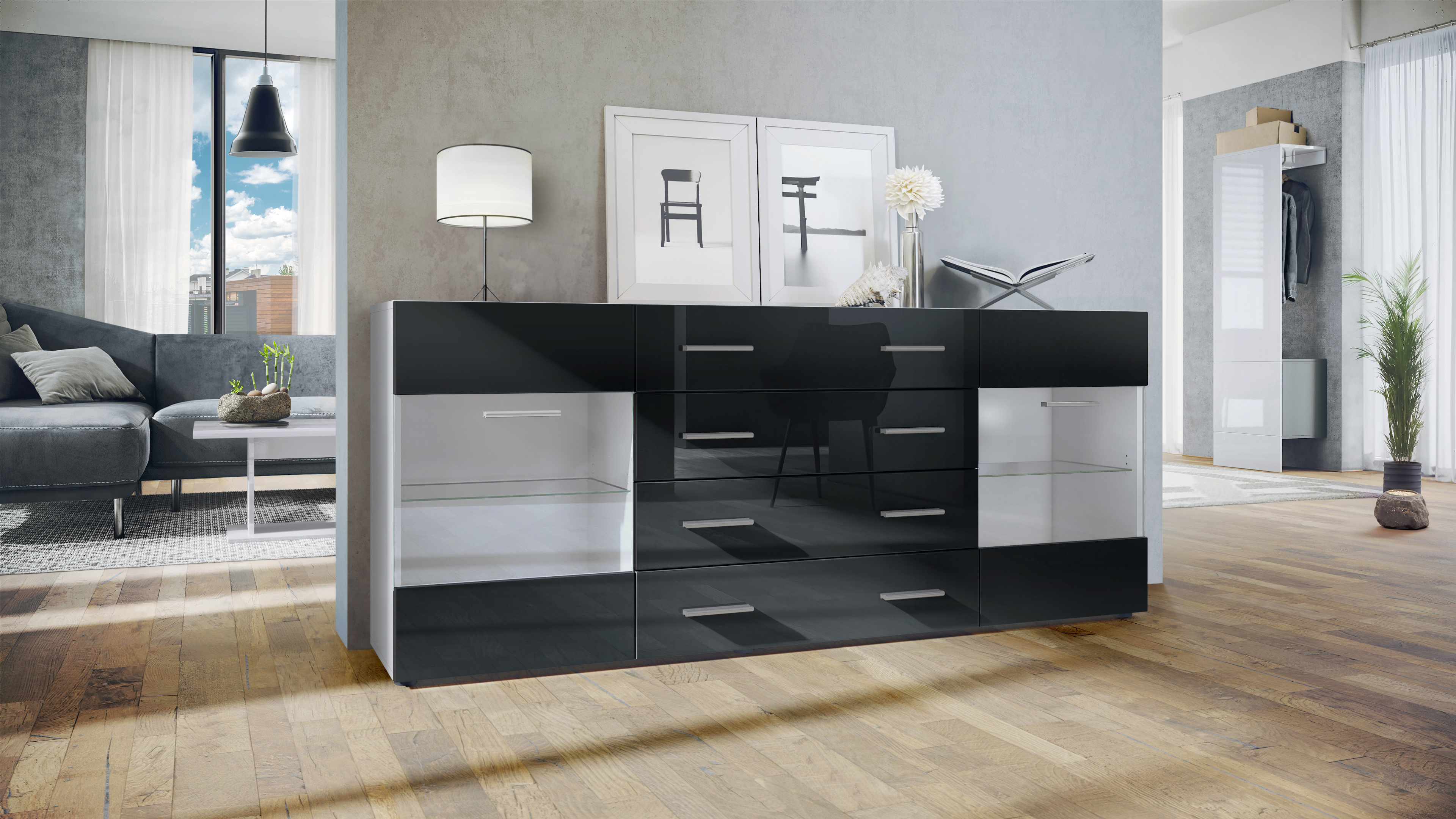 Sideboard Kommode Vitrine Schrank Anrichte Bari V2 Weiß - Hochglanz & Naturtöne - Bild 22 von 26