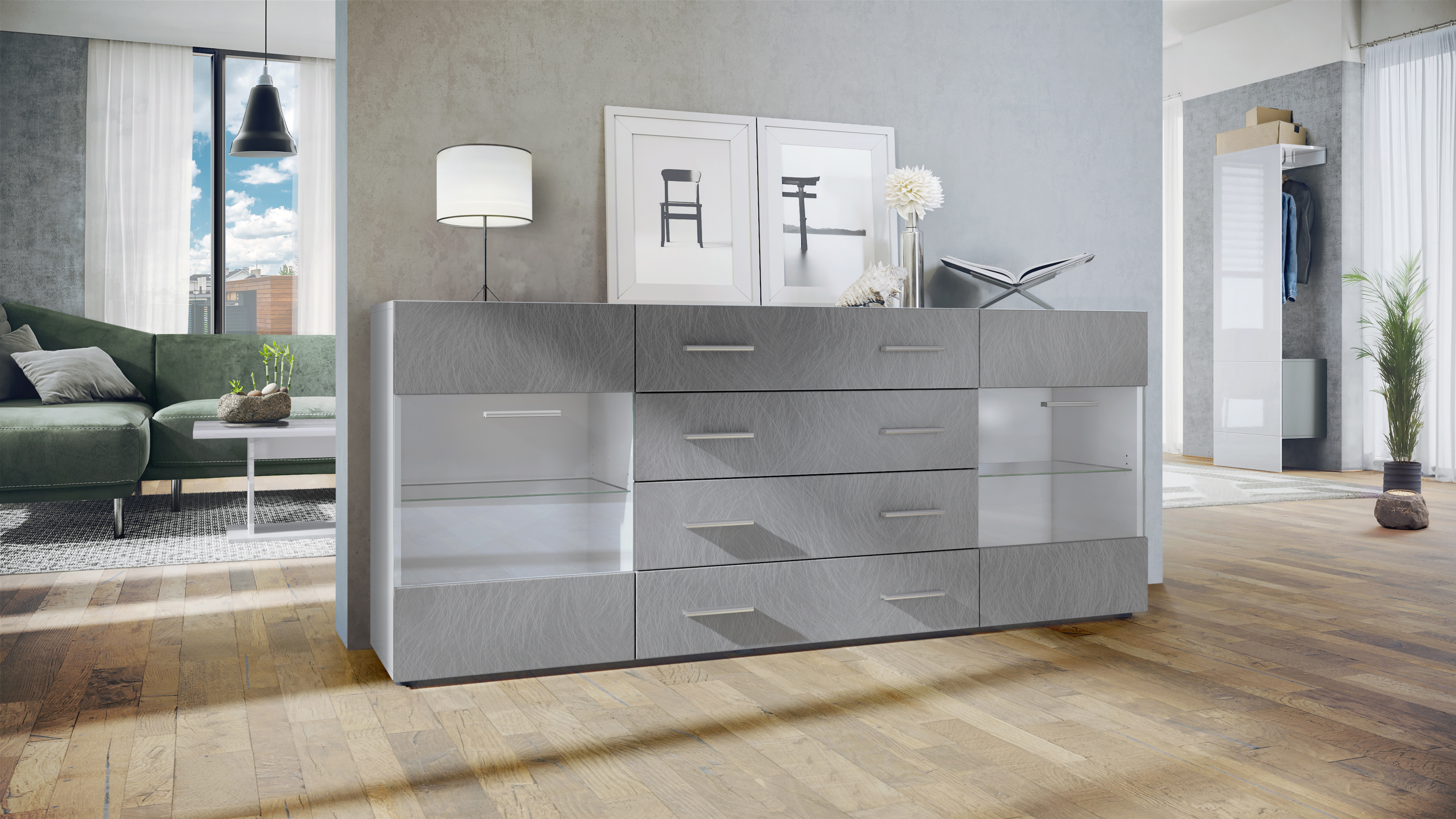Sideboard Kommode Vitrine Schrank Anrichte Bari V2 Weiß - Hochglanz & Naturtöne - Bild 24 von 26
