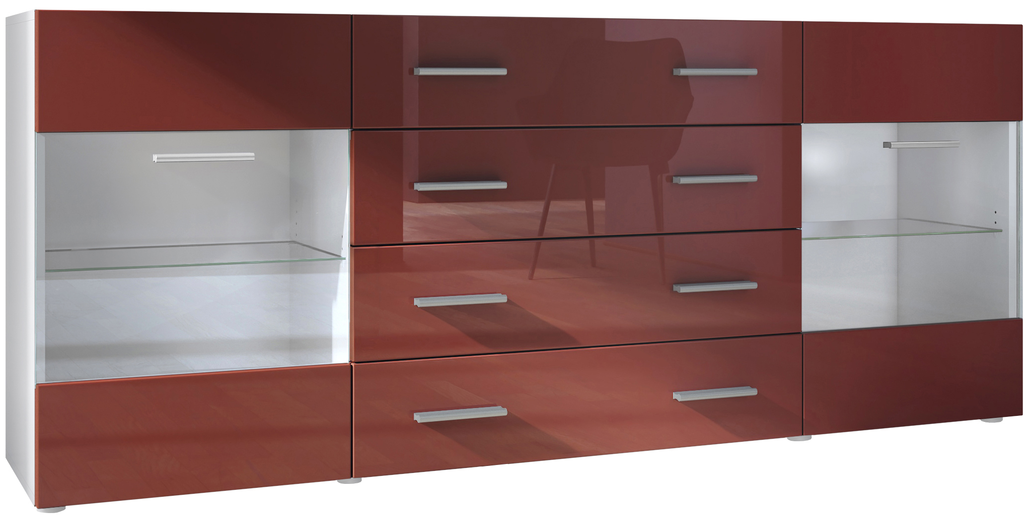 Sideboard Kommode Vitrine Schrank Anrichte Bari V2 Weiß - Hochglanz & Naturtöne - Bild 9 von 26