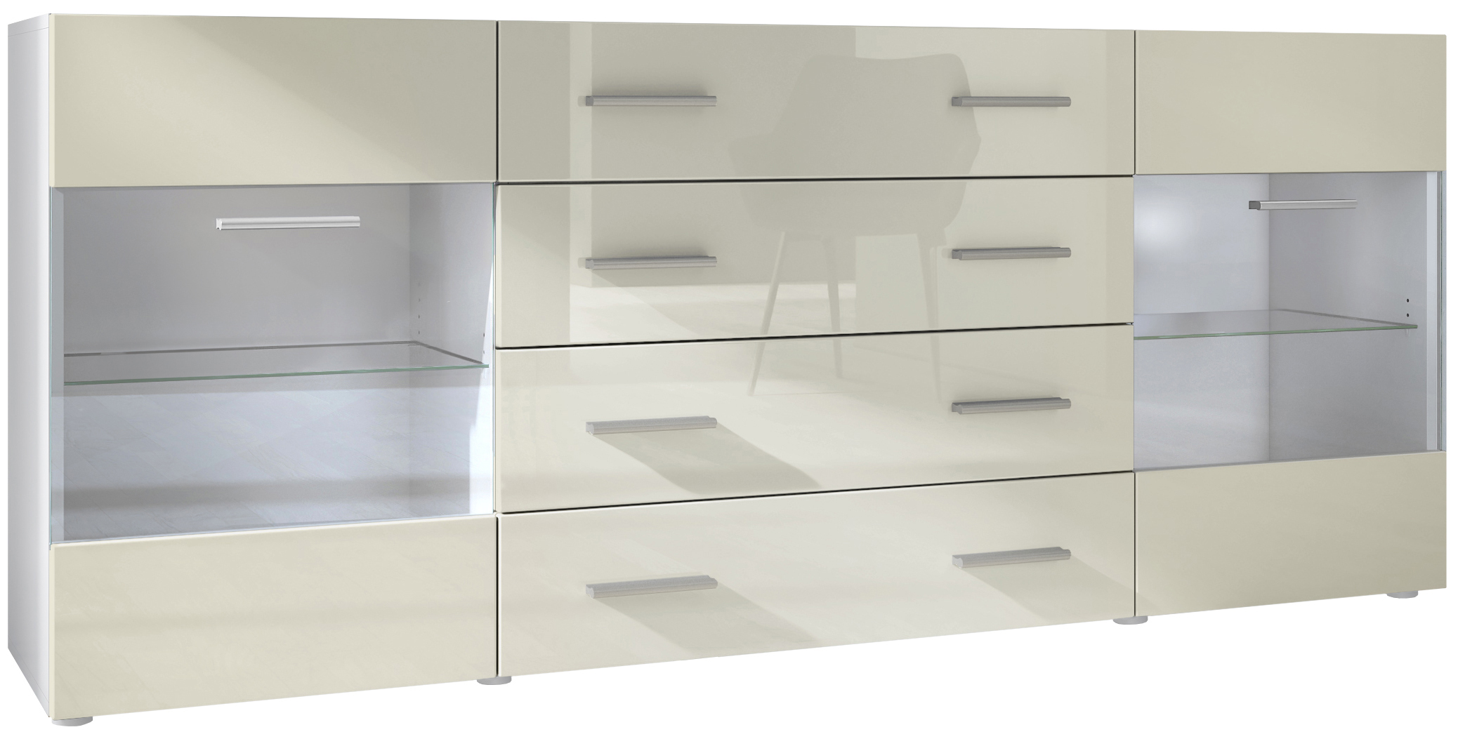 Sideboard Kommode Vitrine Schrank Anrichte Bari V2 Weiß - Hochglanz & Naturtöne - Bild 13 von 26