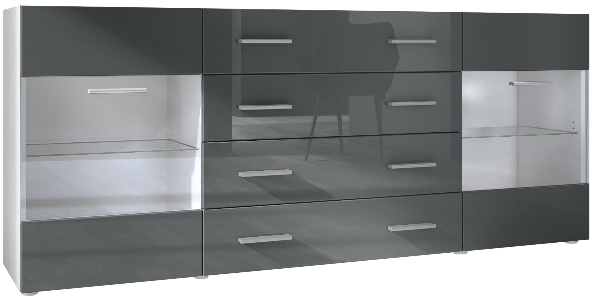 Sideboard Kommode Vitrine Schrank Anrichte Bari V2 Weiß - Hochglanz & Naturtöne - Bild 17 von 26