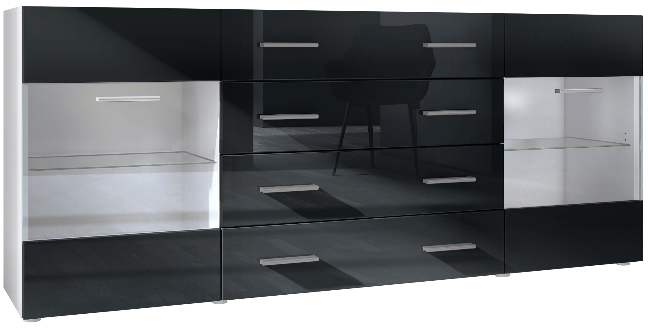 Sideboard Kommode Vitrine Schrank Anrichte Bari V2 Weiß - Hochglanz & Naturtöne - Bild 21 von 26