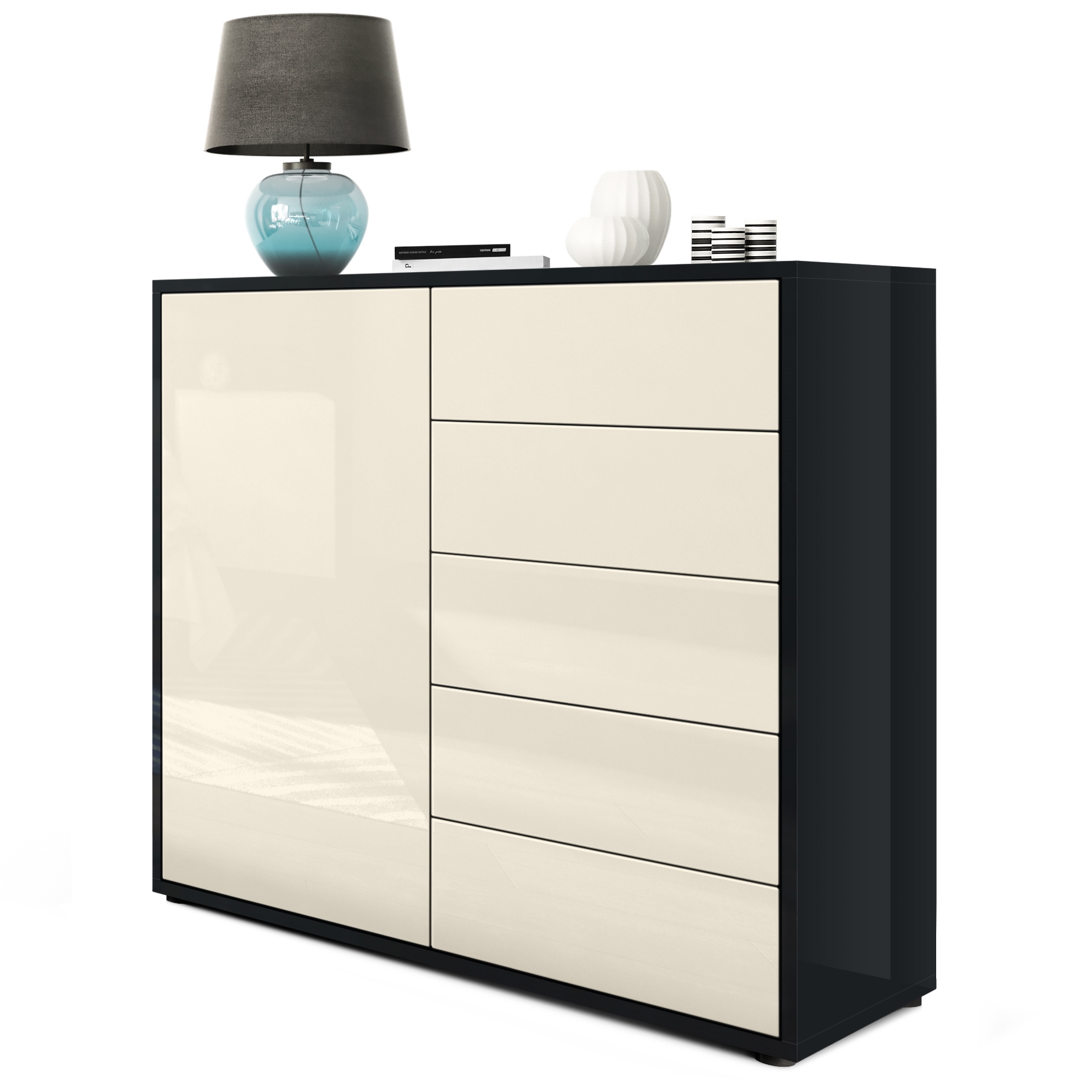 Kommode Sideboard Anrichte Schrank Ben V2 in Schwarz - Hochglanz und Naturtöne