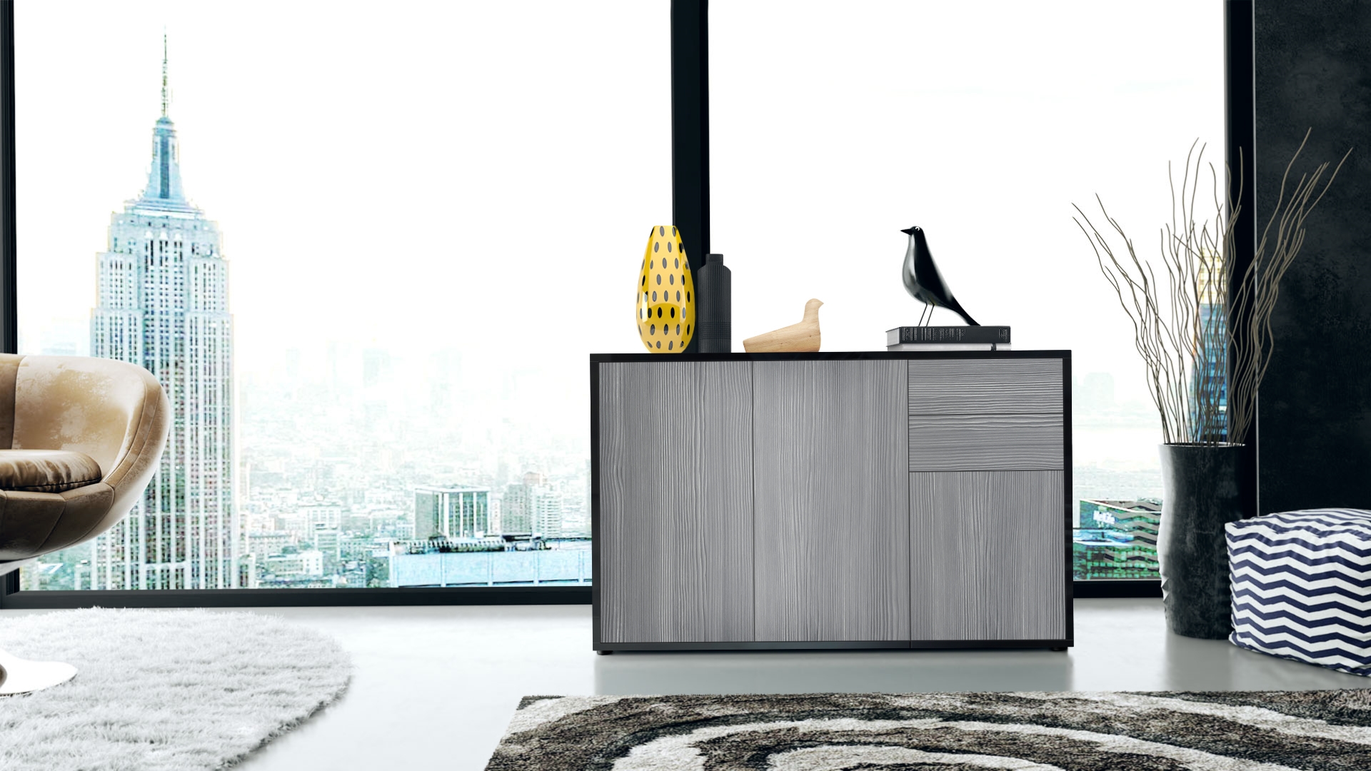 Kommode Sideboard Anrichte Schrank Ben V3 in Schwarz - Hochglanz und Naturtöne