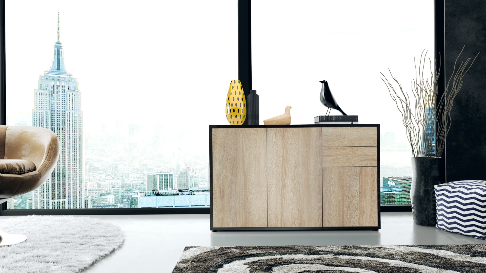 Kommode Sideboard Anrichte Schrank Ben V3 in Schwarz - Hochglanz und Naturtöne