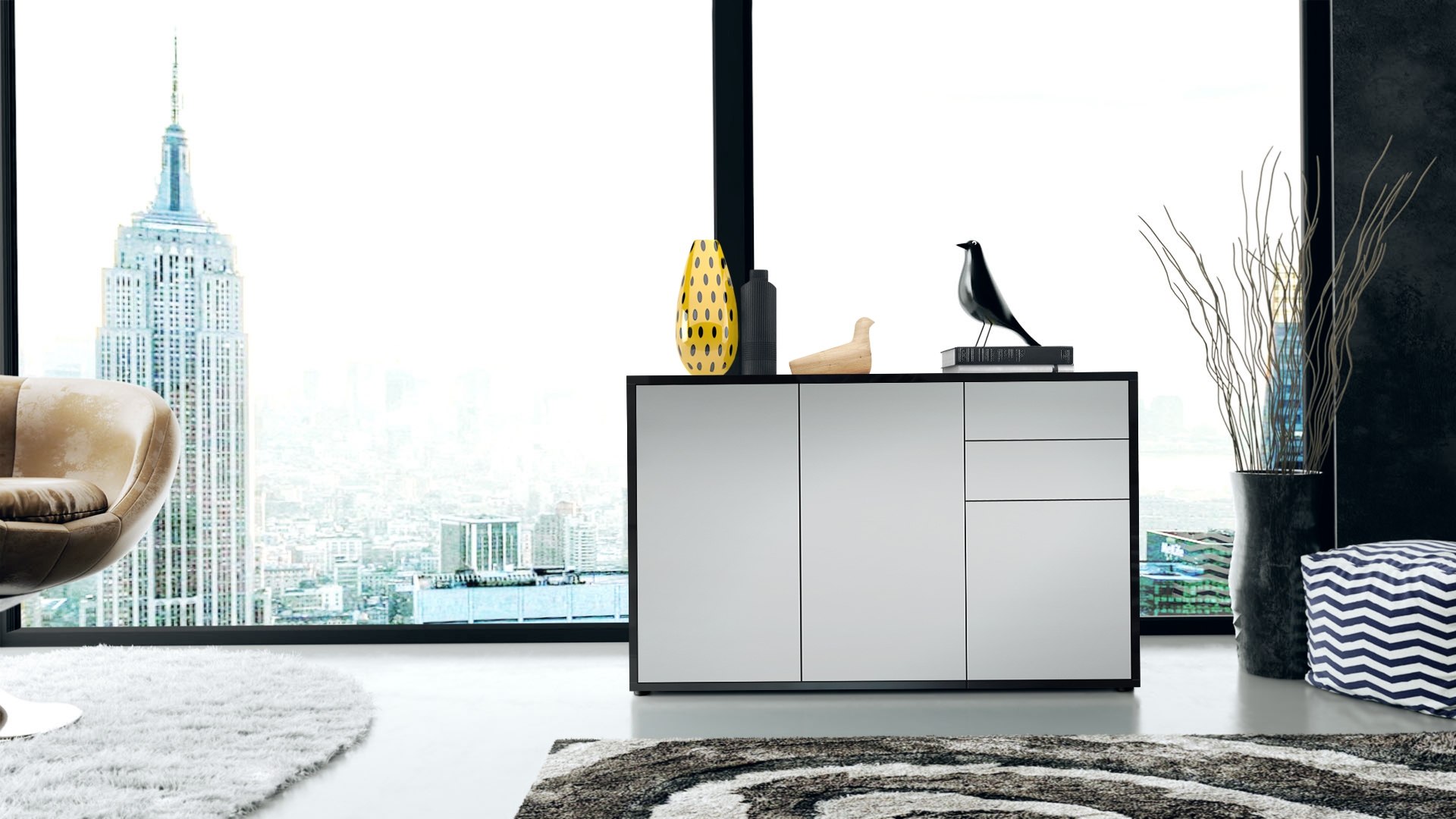 Kommode Sideboard Anrichte Schrank Ben V3 in Schwarz - Hochglanz und Naturtöne