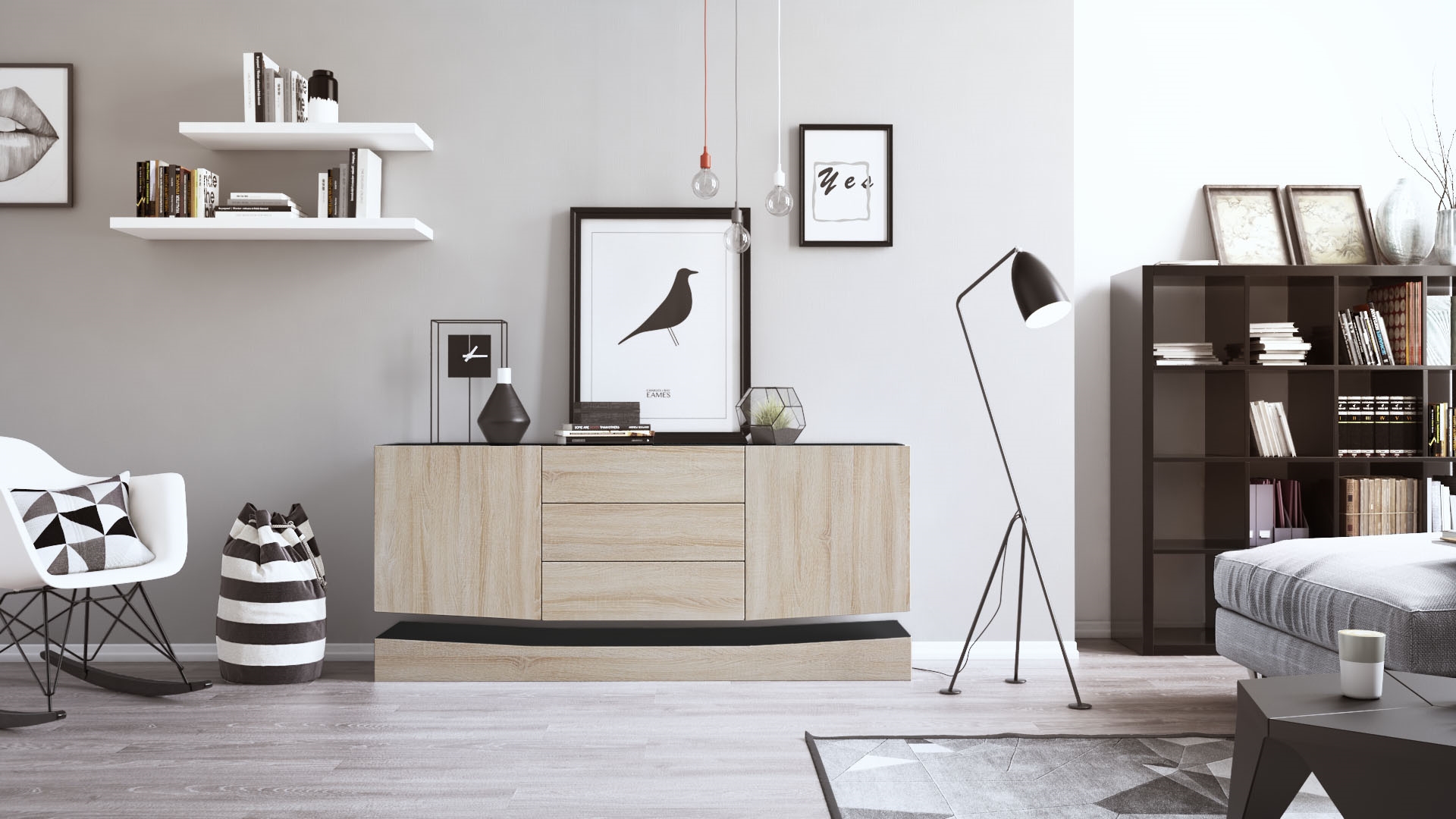Sideboard Anrichte Kommode Schrank City in Schwarz - Hochglanz Naturtöne