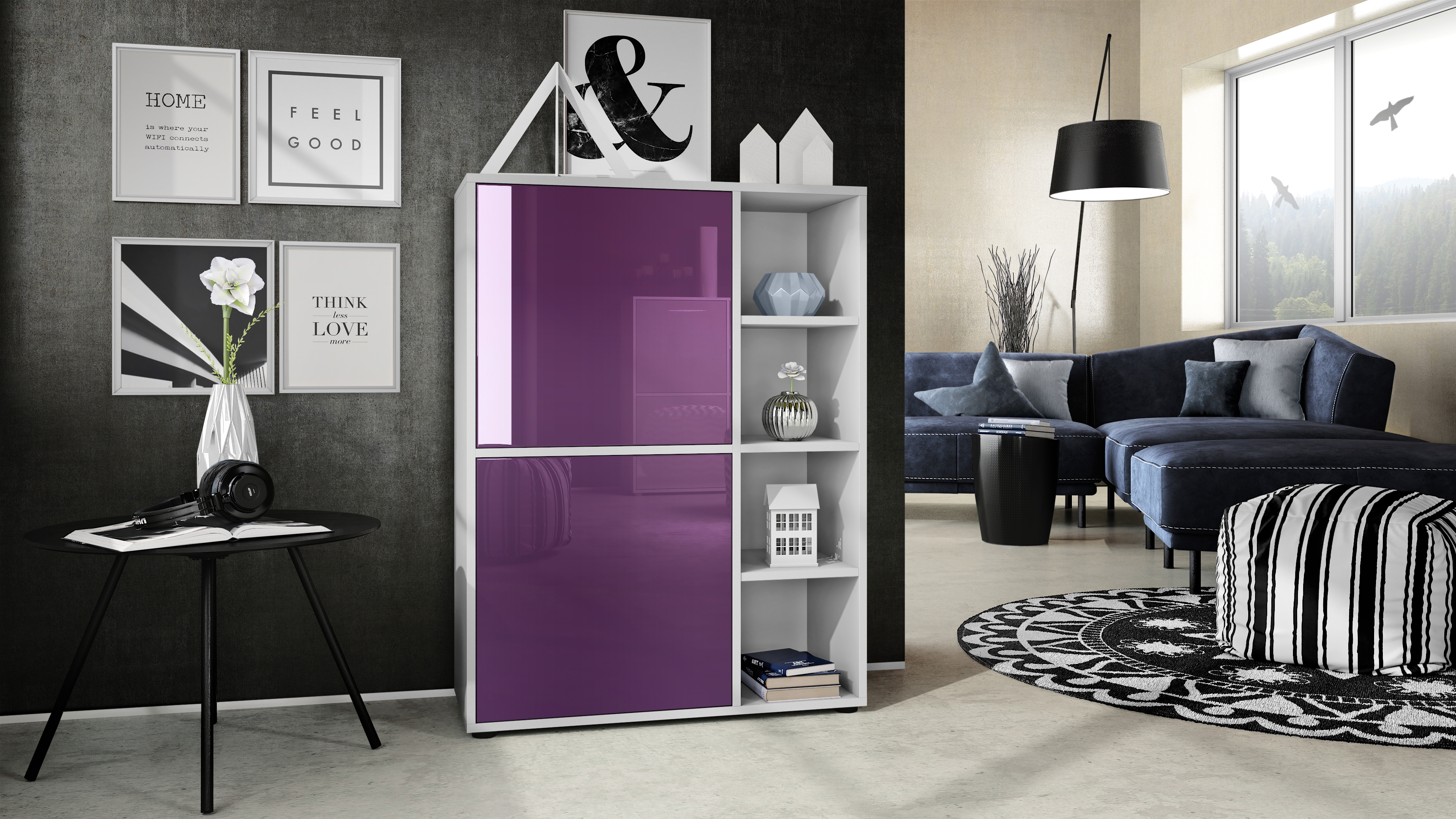 Highboard Sideboard Kommode Schrank Regal Cuba Weiß, Hochglanz & Naturtöne - Bild 13 von 37