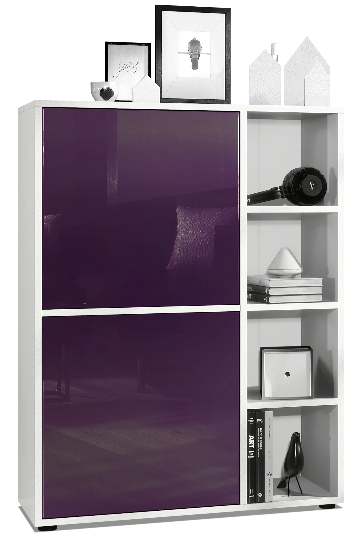 Highboard Sideboard Kommode Schrank Regal Cuba Weiß, Hochglanz & Naturtöne - Bild 12 von 37