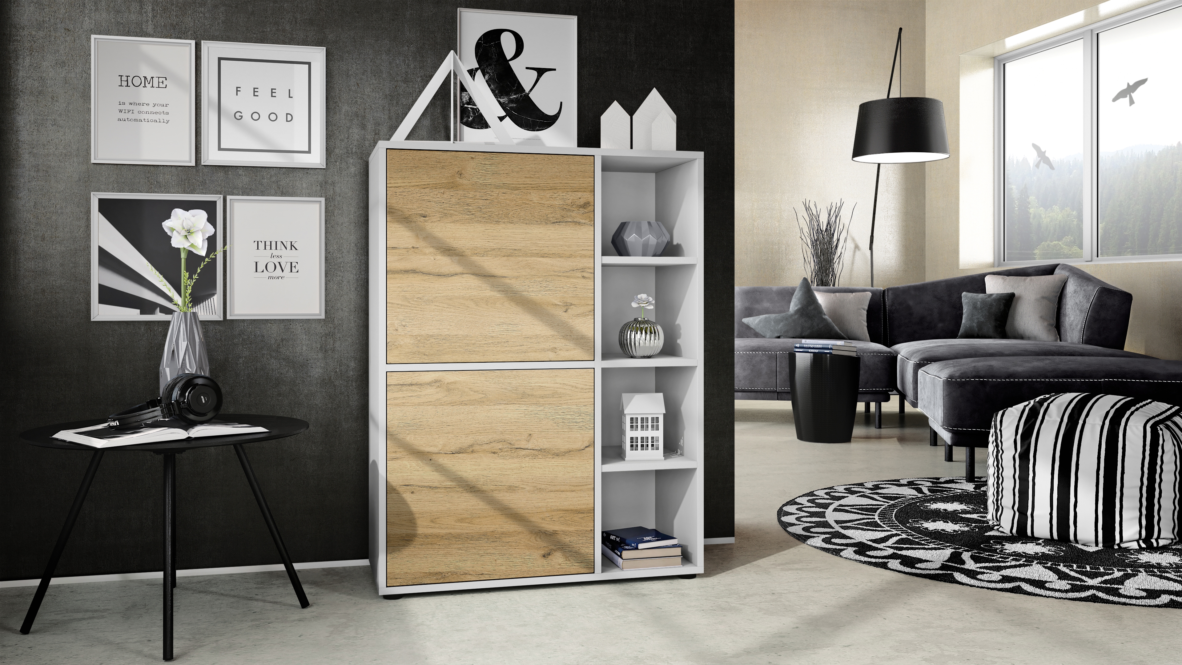 Highboard Sideboard Kommode Schrank Regal Cuba Weiß, Hochglanz & Naturtöne - Bild 17 von 37