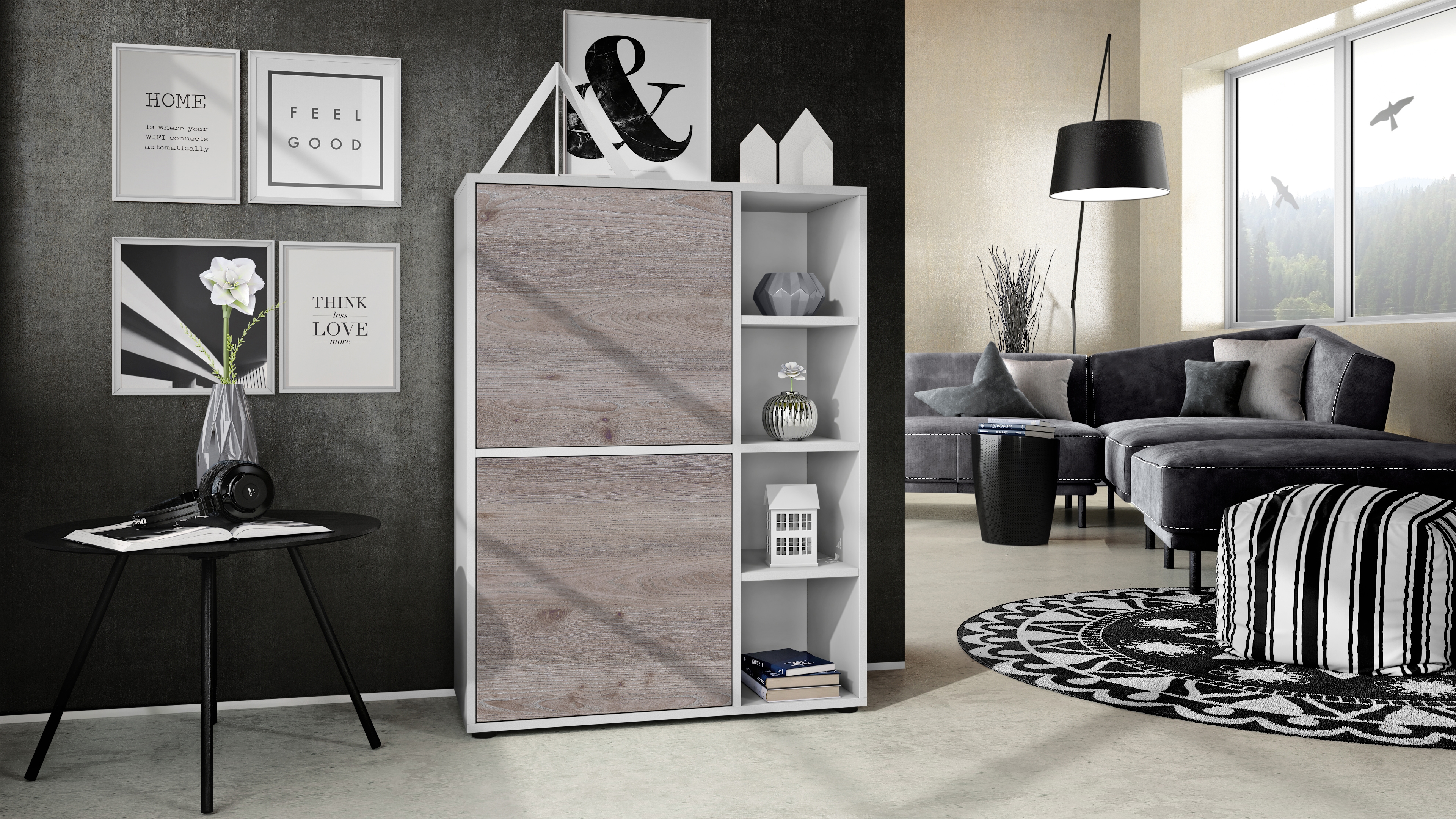 Highboard Sideboard Kommode Schrank Regal Cuba Weiß, Hochglanz & Naturtöne - Bild 19 von 37