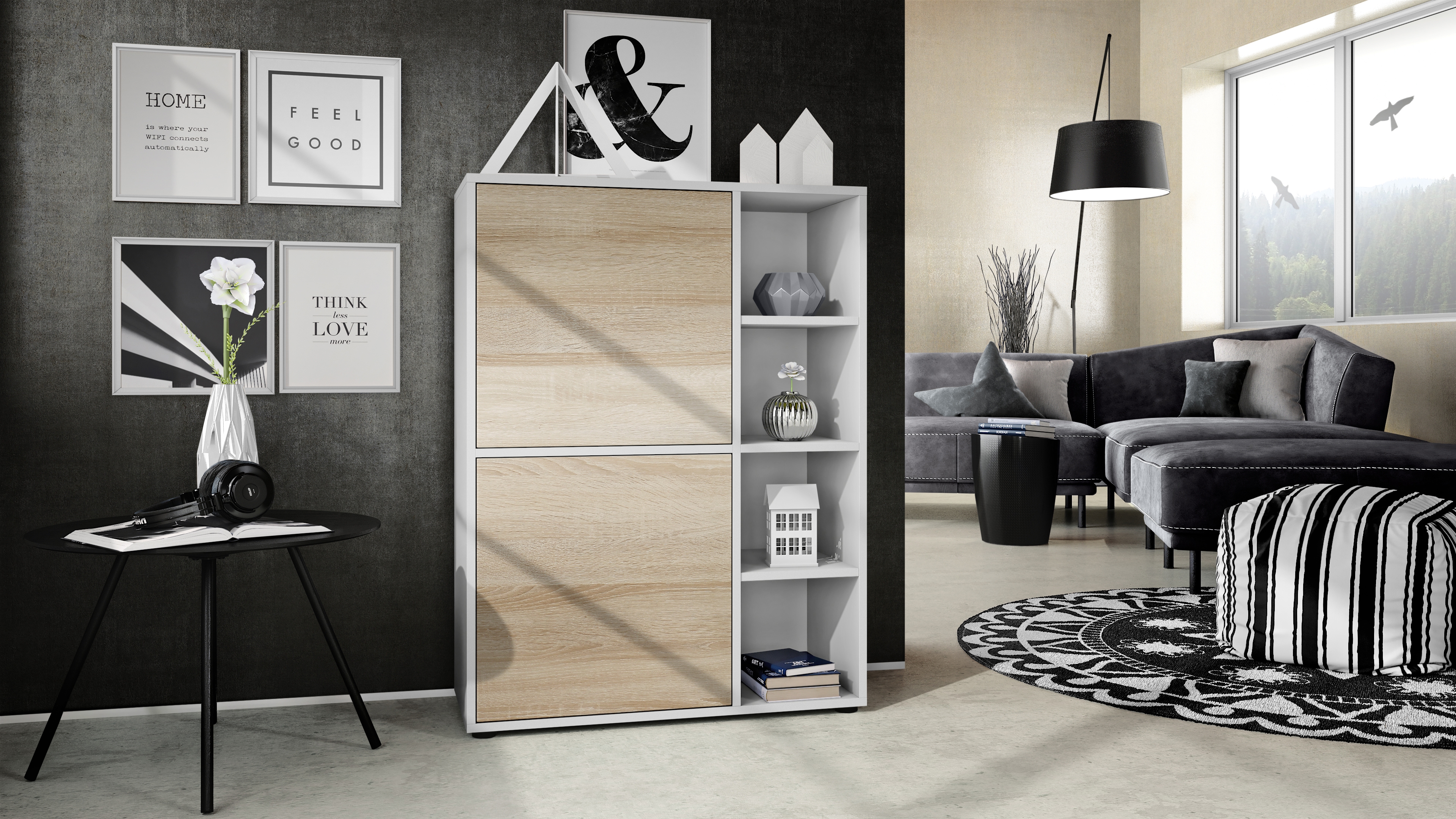 Highboard Sideboard Kommode Schrank Regal Cuba Weiß, Hochglanz & Naturtöne - Bild 21 von 37