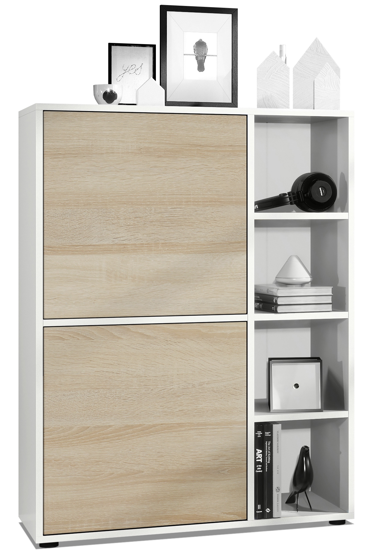 Highboard Sideboard Kommode Schrank Regal Cuba Weiß, Hochglanz & Naturtöne - Bild 20 von 37