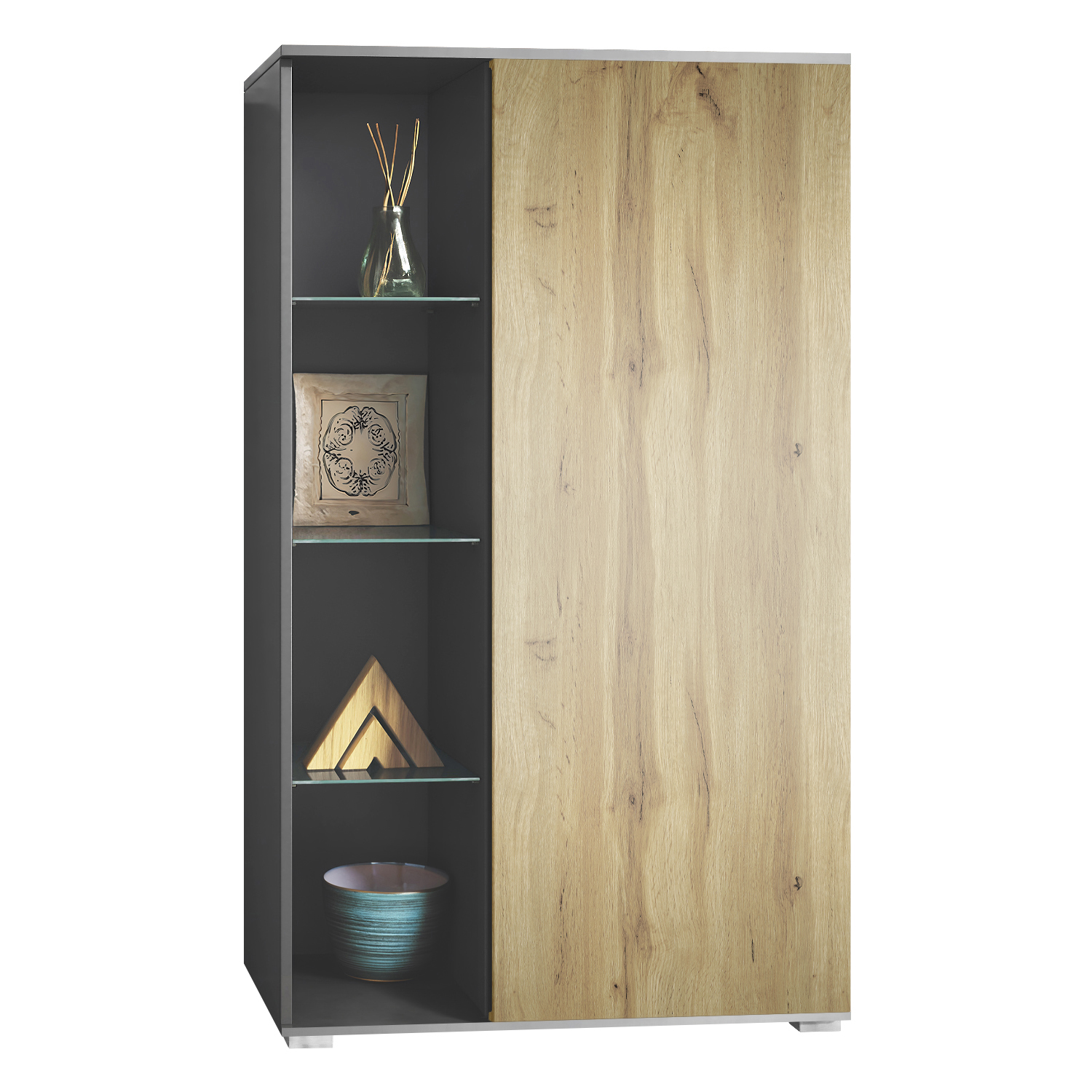 Standvitrine Highboard Hochschrank Glas Davos Anthrazit - Hochglanz & Naturtöne - Bild 17 von 28