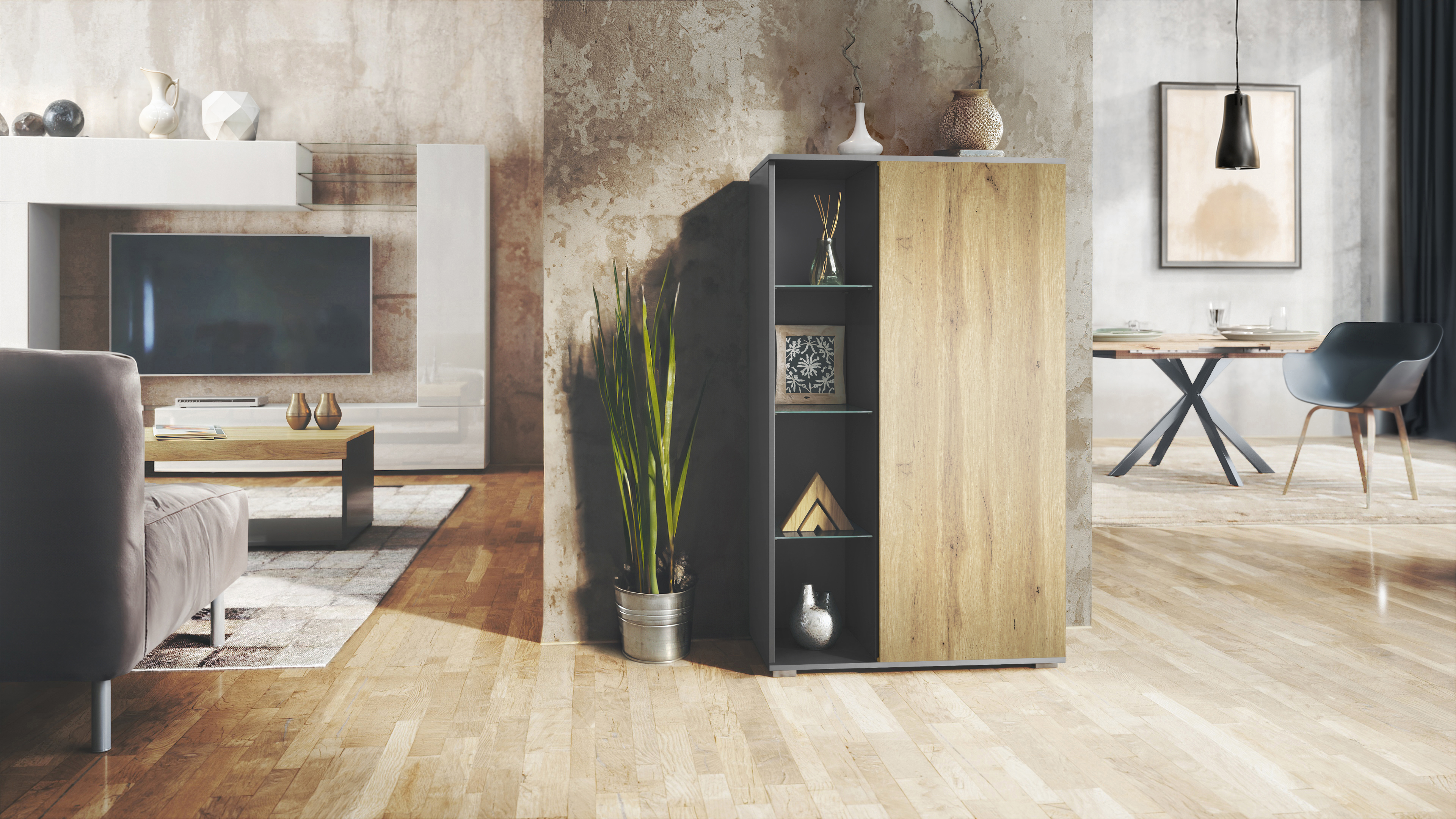 Standvitrine Highboard Hochschrank Glas Davos Anthrazit - Hochglanz & Naturtöne - Bild 18 von 28