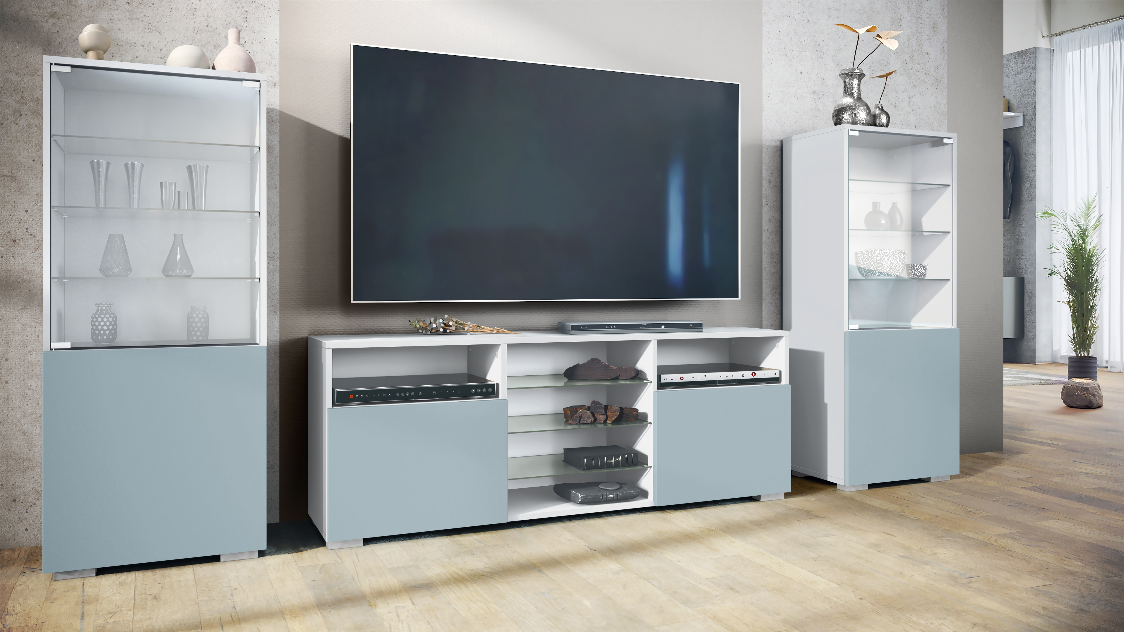 Wohnwand Lowboard Vitrine Wohnzimmer Granada Weiß matt Hochglanz Naturtöne - Bild 11 von 29
