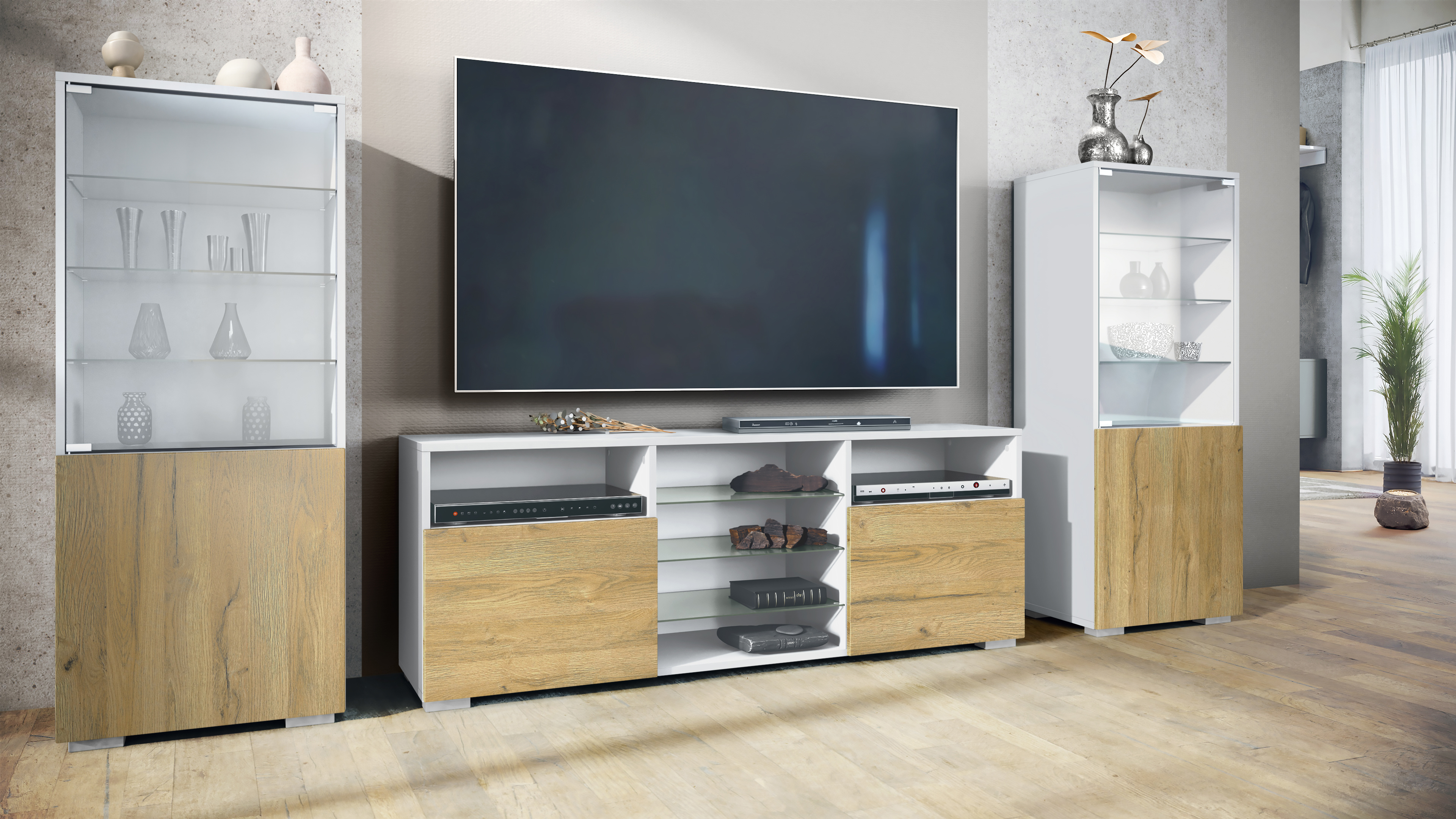 Wohnwand Lowboard Vitrine Wohnzimmer Granada Weiß matt Hochglanz Naturtöne - Bild 13 von 29