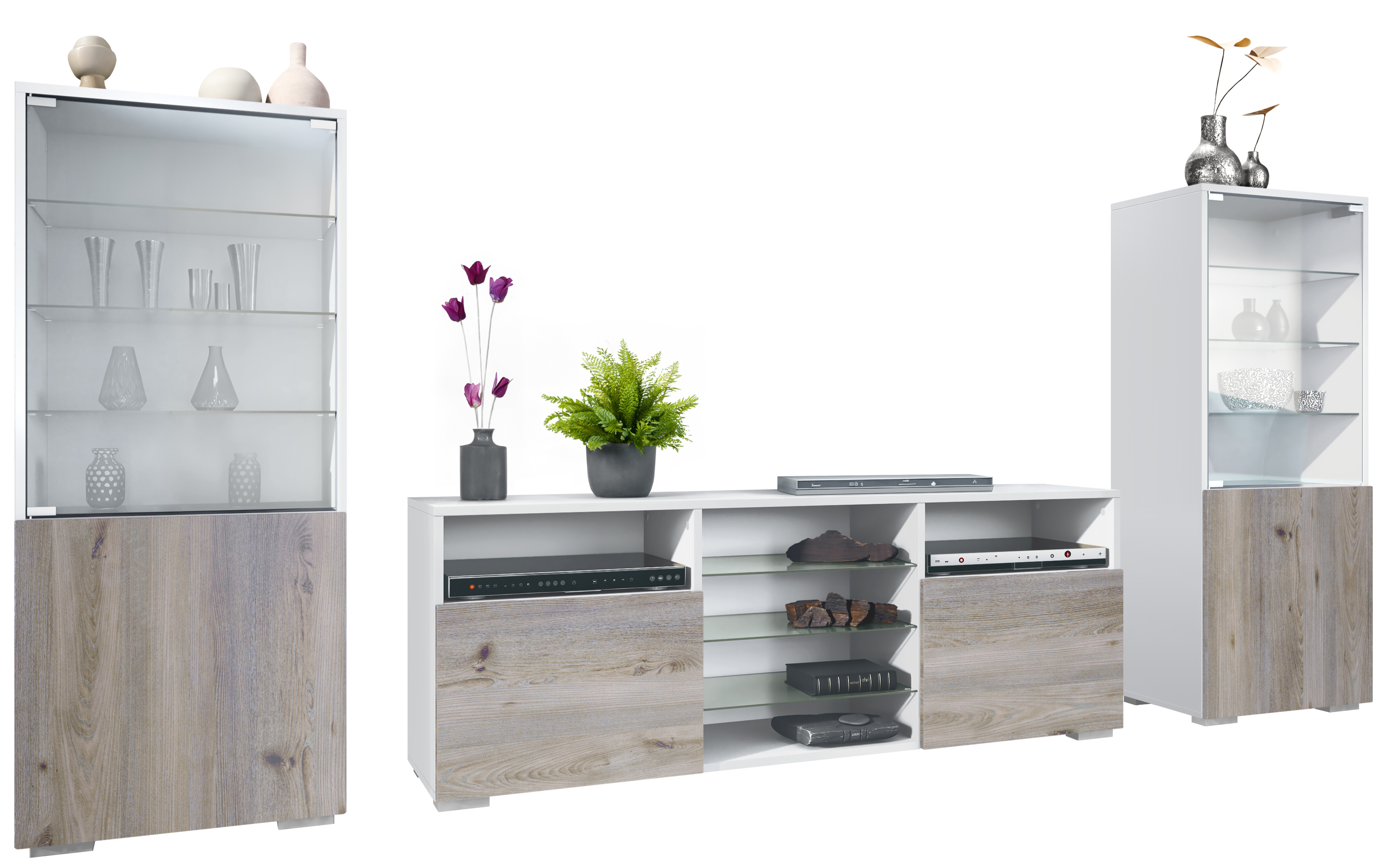 Wohnwand Lowboard Vitrine Wohnzimmer Granada Weiß matt Hochglanz Naturtöne - Bild 14 von 29