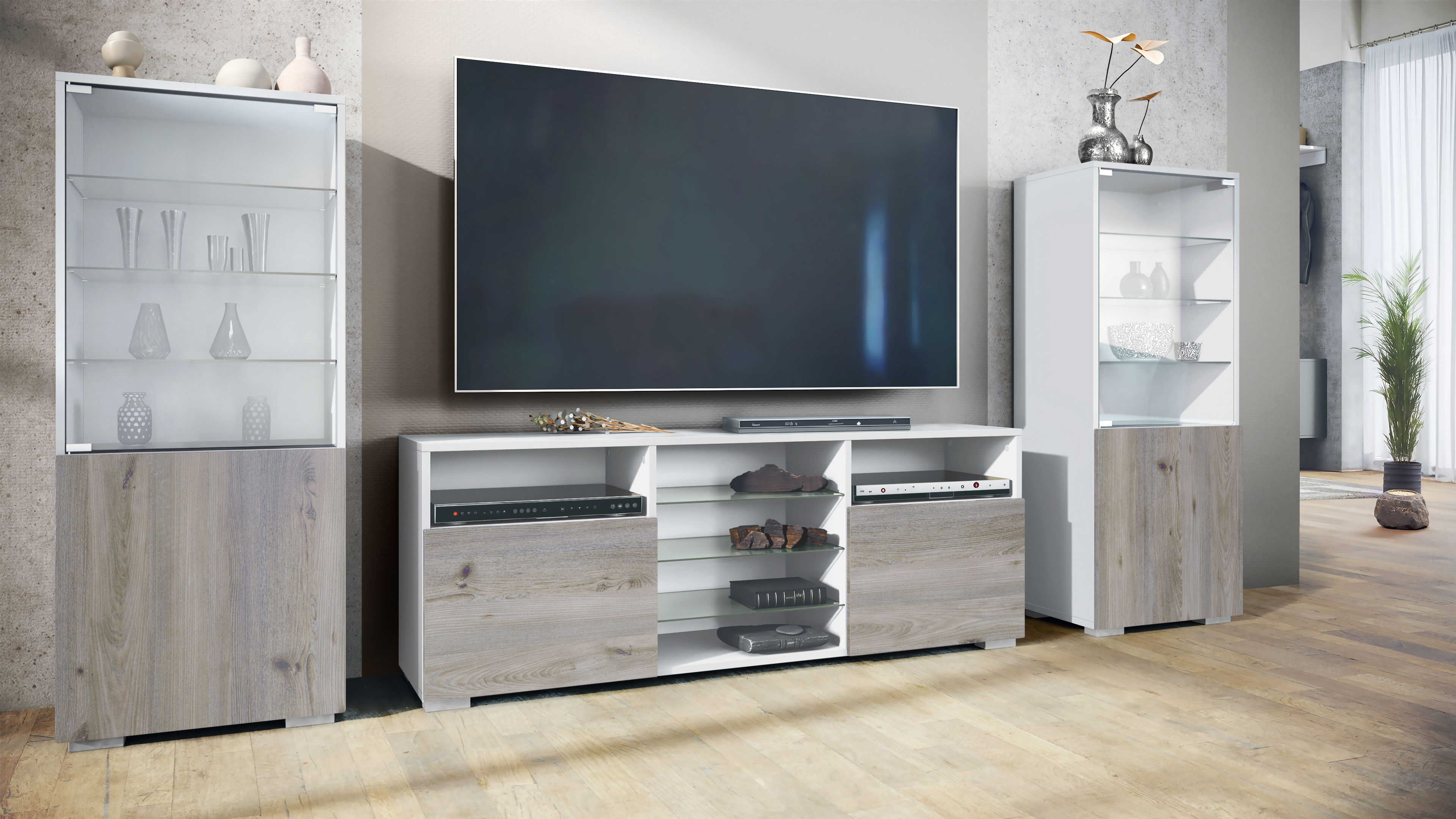 Wohnwand Lowboard Vitrine Wohnzimmer Granada Weiß matt Hochglanz Naturtöne - Bild 15 von 29