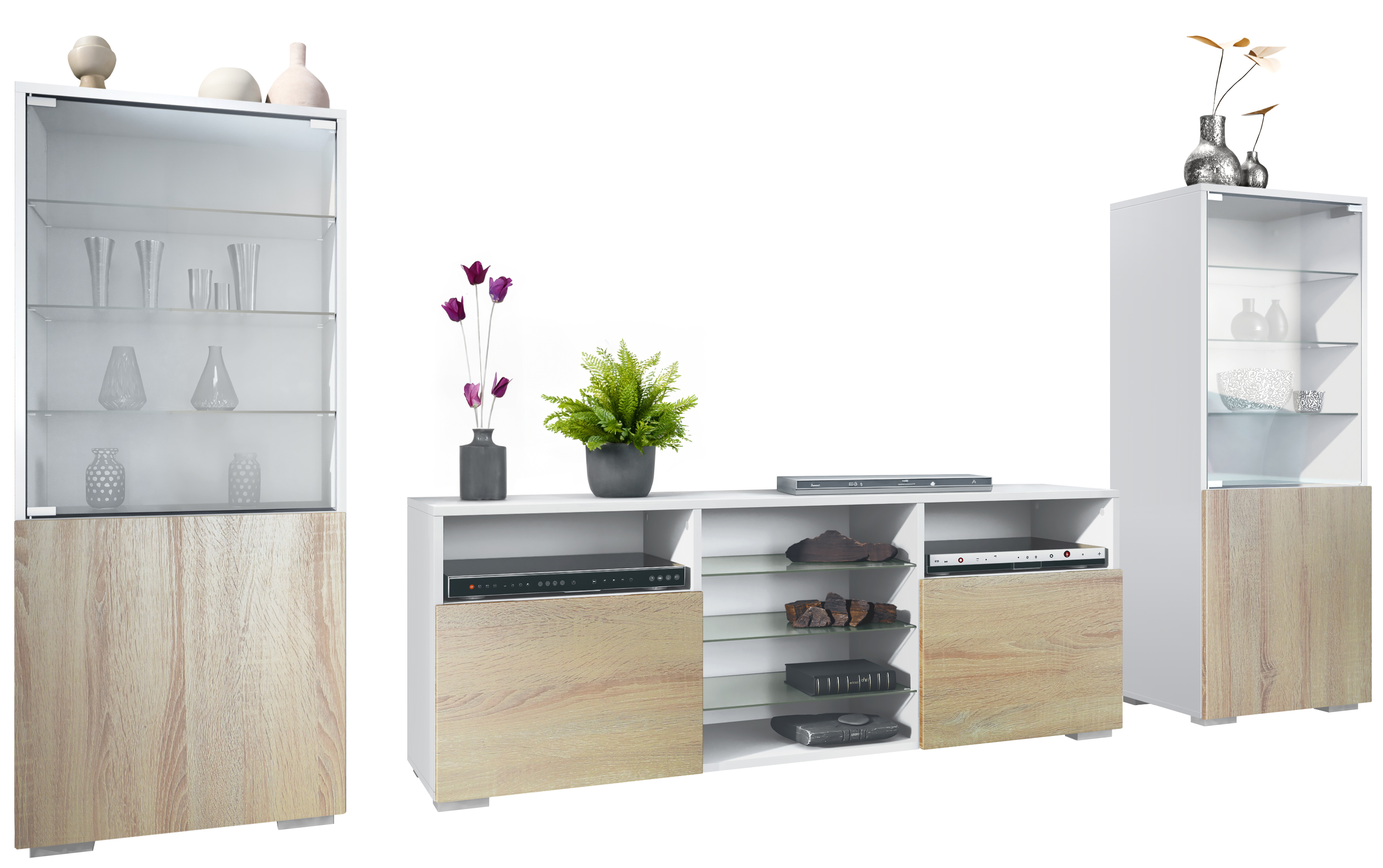 Wohnwand Lowboard Vitrine Wohnzimmer Granada Weiß matt Hochglanz Naturtöne - Bild 16 von 29