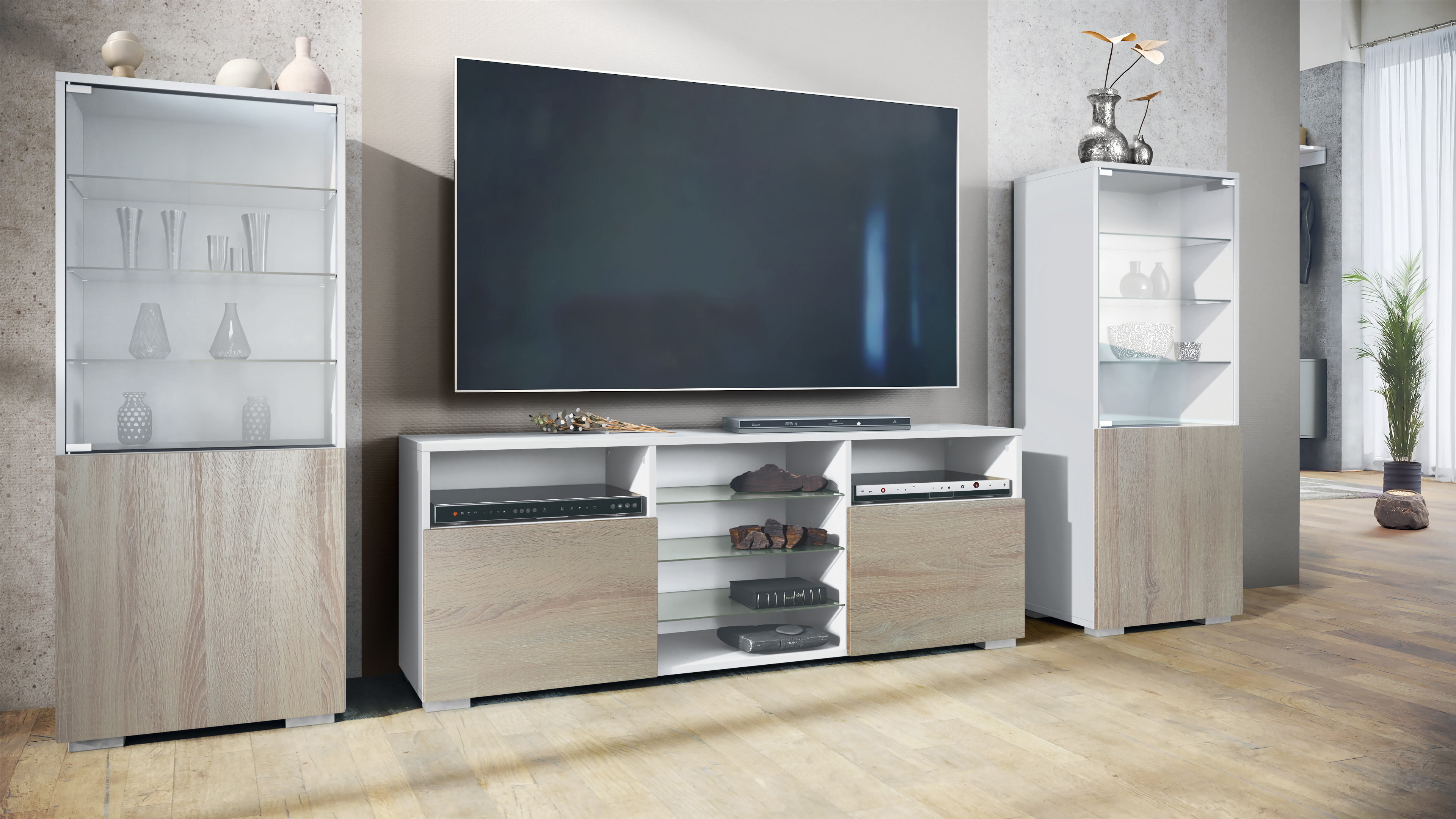 Wohnwand Lowboard Vitrine Wohnzimmer Granada Weiß matt Hochglanz Naturtöne - Bild 17 von 29