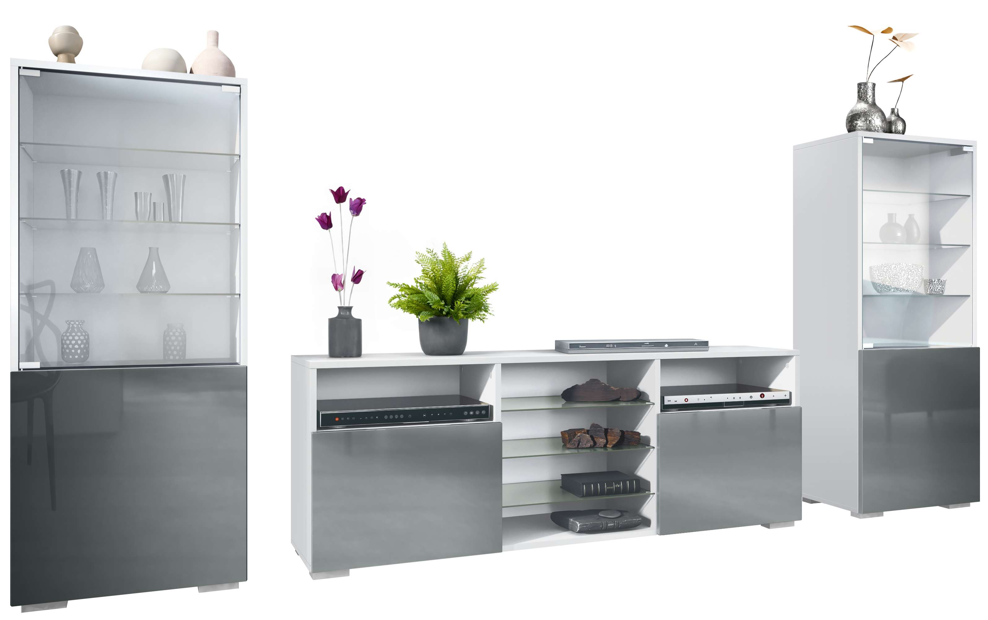 Wohnwand Lowboard Vitrine Wohnzimmer Granada Weiß matt Hochglanz Naturtöne - Bild 18 von 29