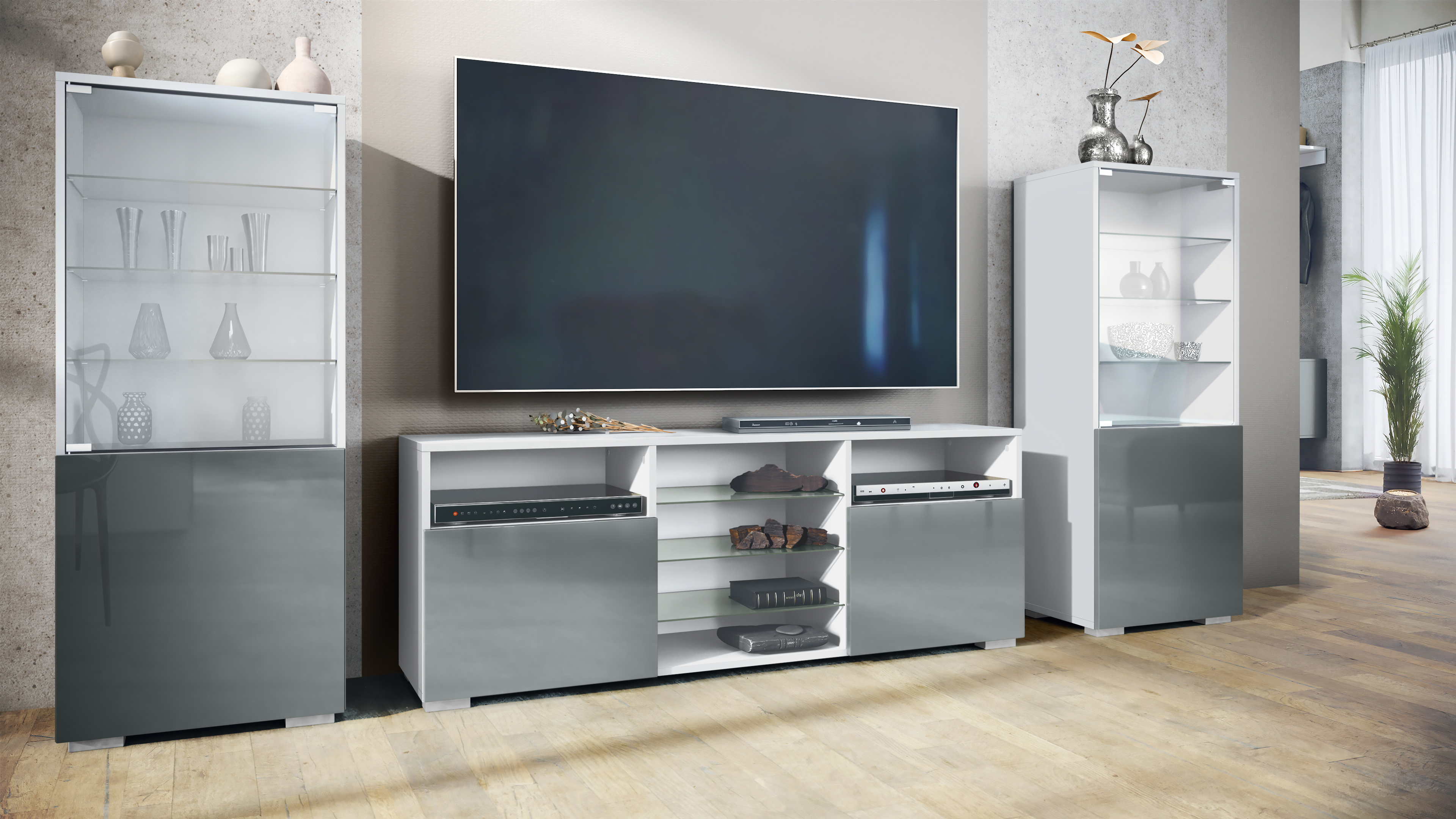 Wohnwand Lowboard Vitrine Wohnzimmer Granada Weiß matt Hochglanz Naturtöne - Bild 19 von 29