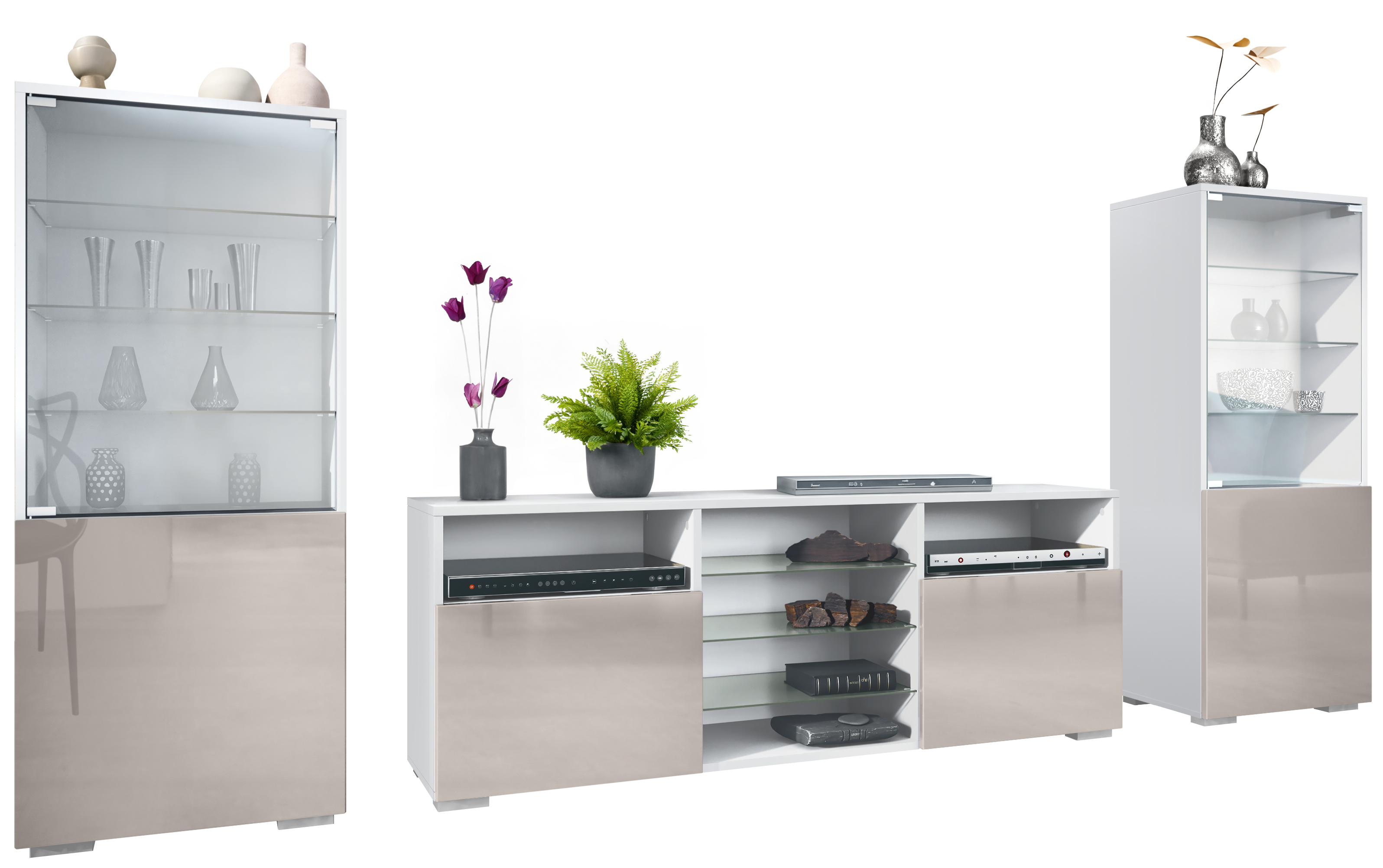 Wohnwand Lowboard Vitrine Wohnzimmer Granada Weiß matt Hochglanz Naturtöne - Bild 20 von 29