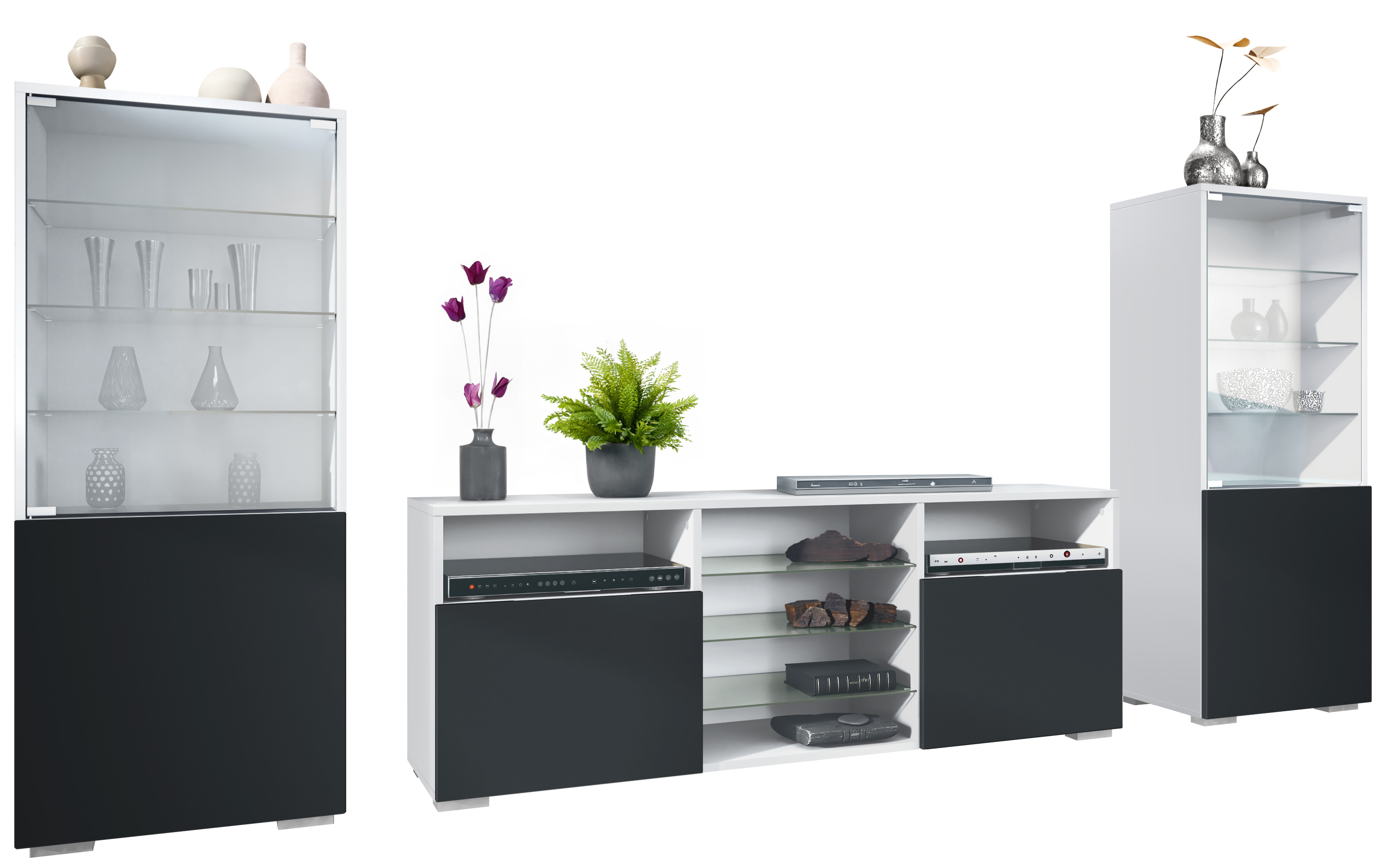 Wohnwand Lowboard Vitrine Wohnzimmer Granada Weiß matt Hochglanz Naturtöne - Bild 24 von 29