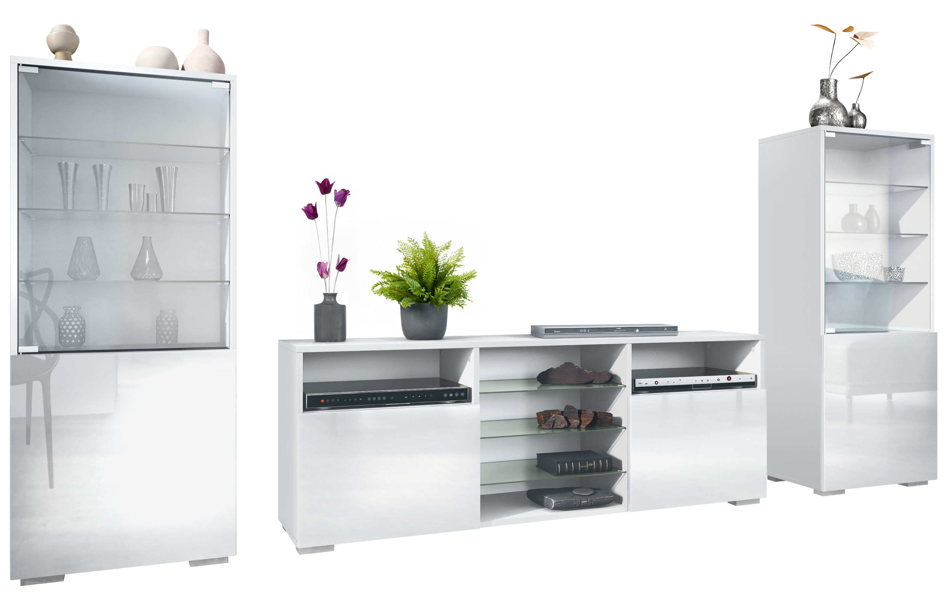 Wohnwand Lowboard Vitrine Wohnzimmer Granada Weiß matt Hochglanz Naturtöne - Bild 26 von 29