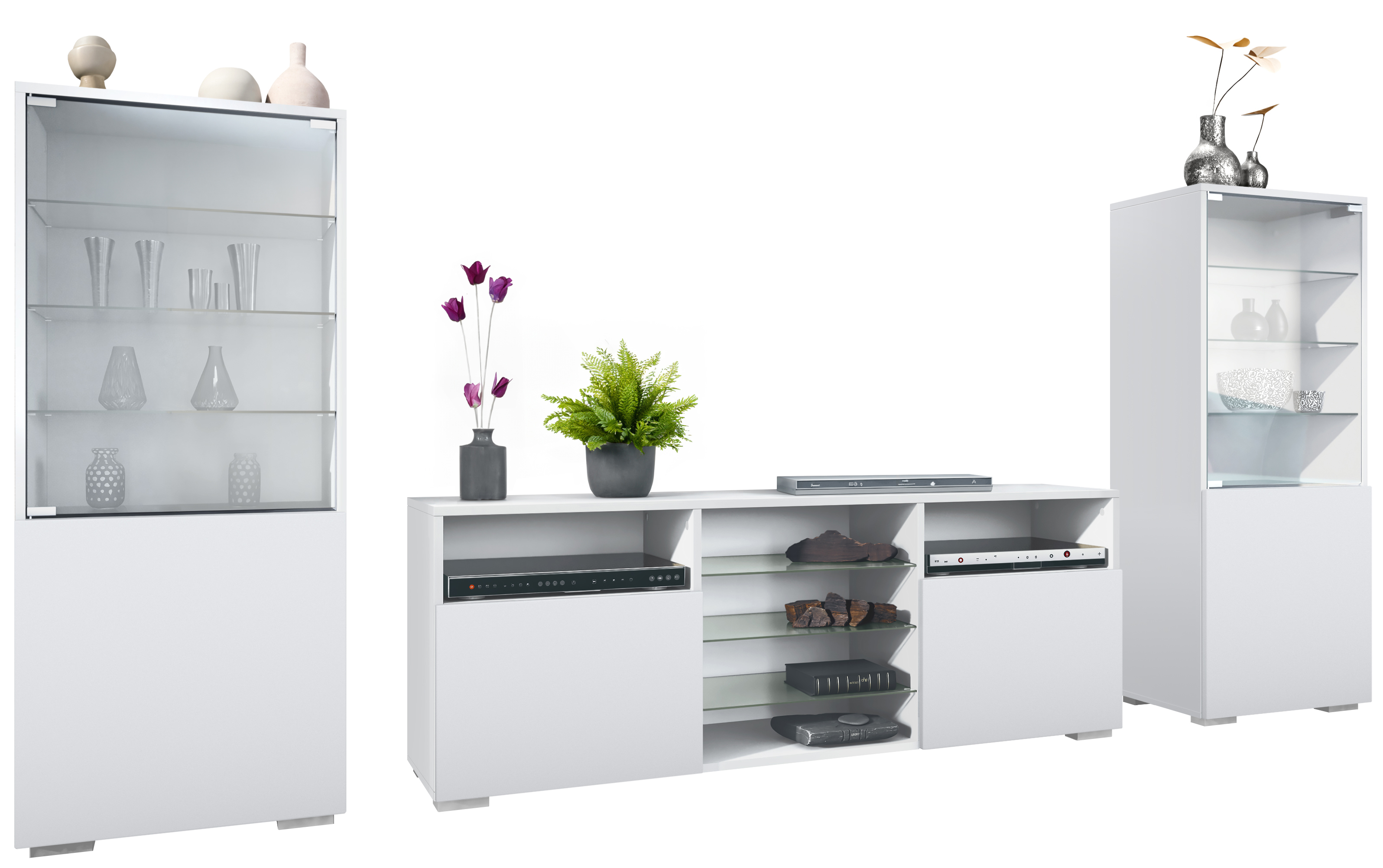 Wohnwand Lowboard Vitrine Wohnzimmer Granada Weiß matt Hochglanz Naturtöne - Bild 28 von 29