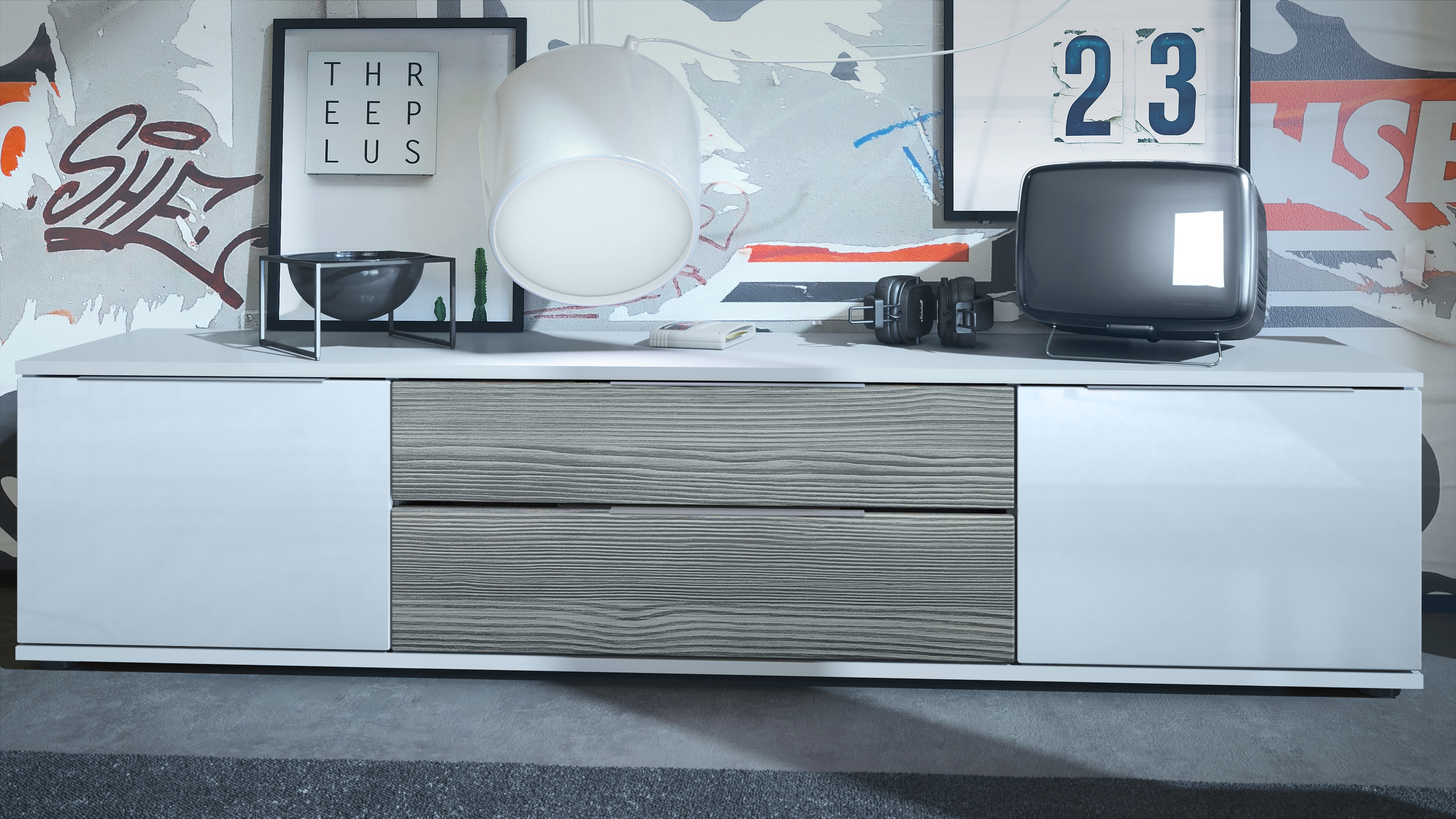 TV Lowboard Board Schrank Fernsehtisch Linio V2 in Weiß matt - Hochglanz - Bild 6 von 24