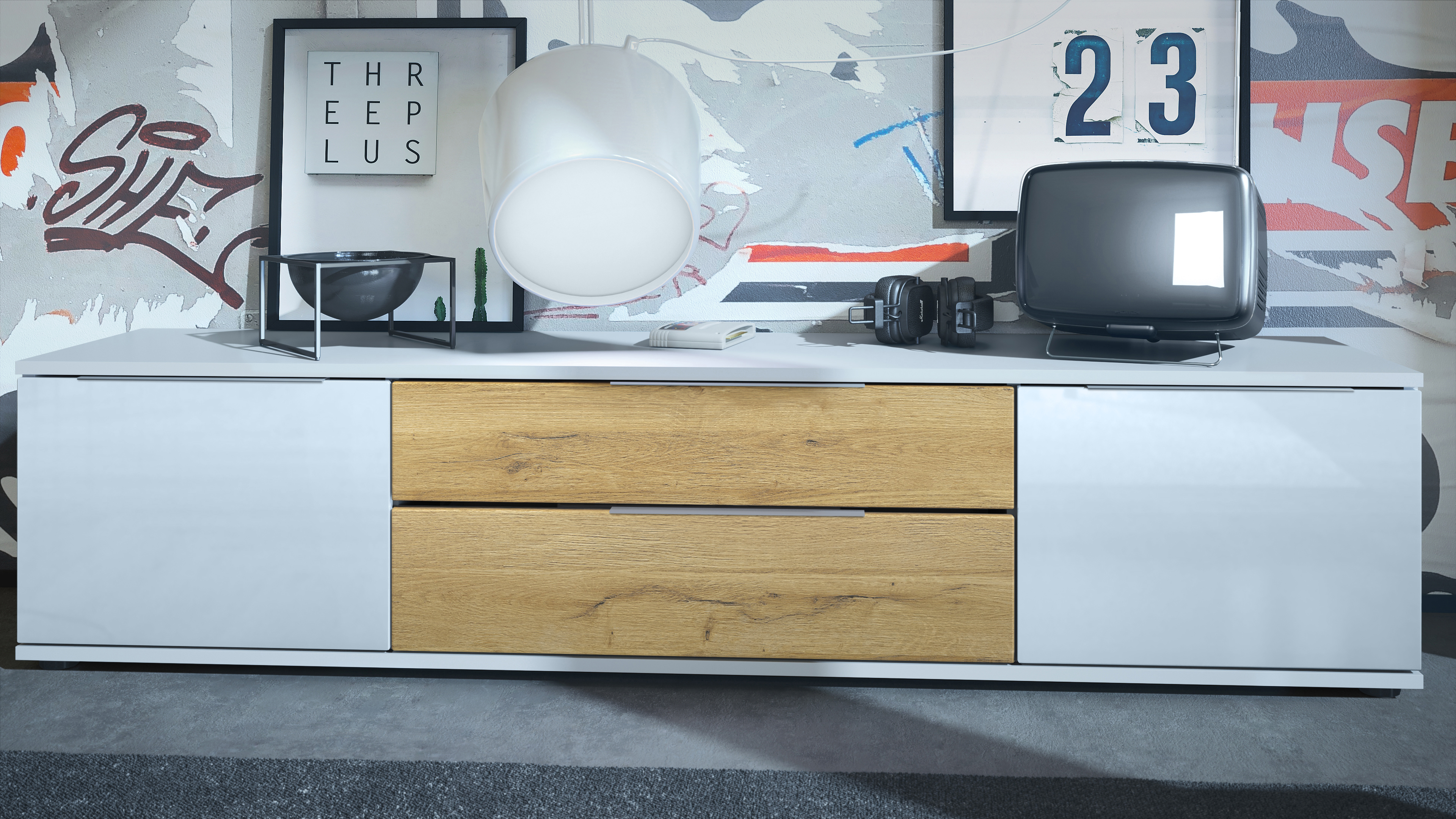 TV Lowboard Board Schrank Fernsehtisch Linio V2 in Weiß matt - Hochglanz - Bild 14 von 24