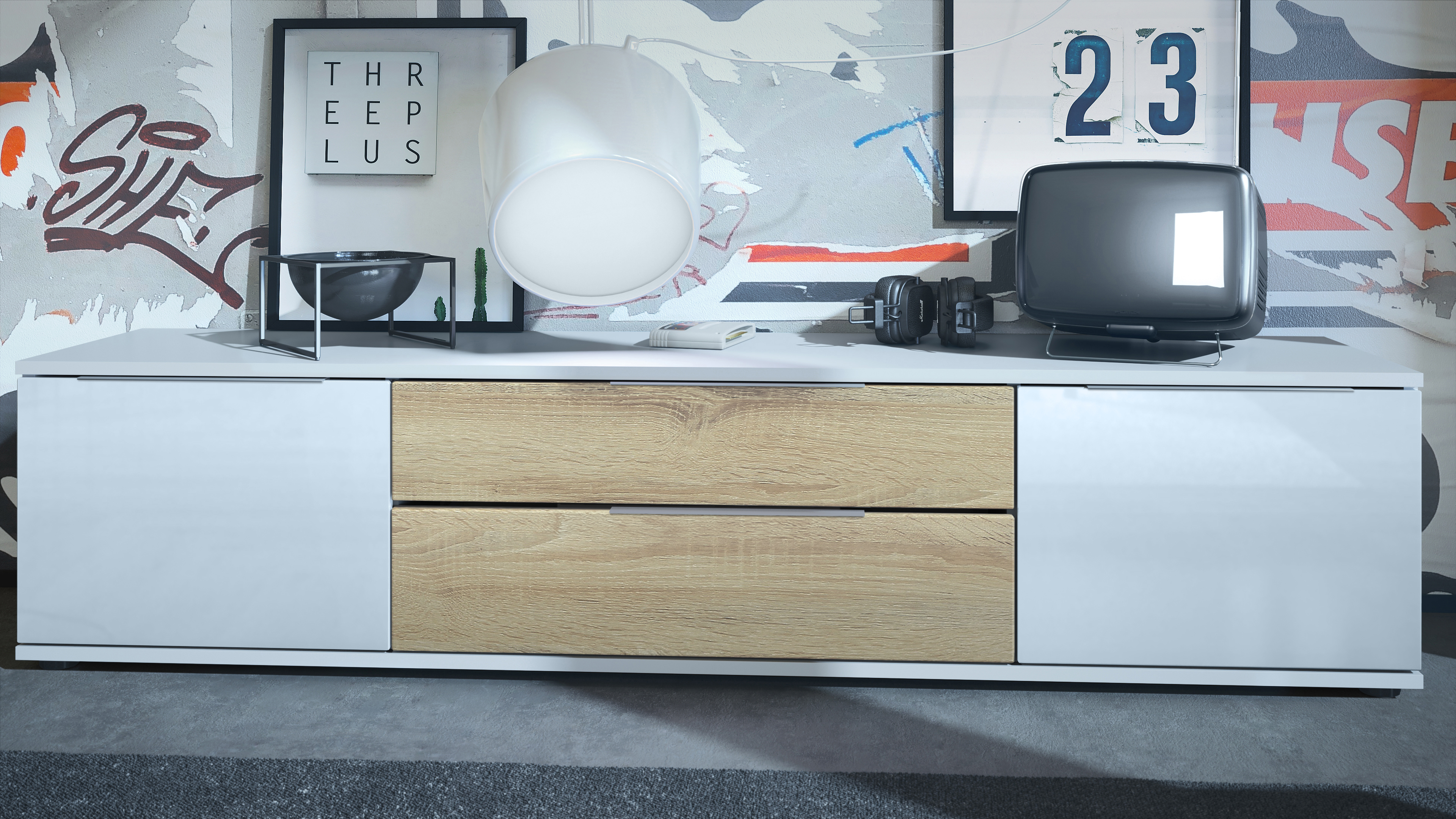 TV Lowboard Board Schrank Fernsehtisch Linio V2 in Weiß matt - Hochglanz - Bild 16 von 24