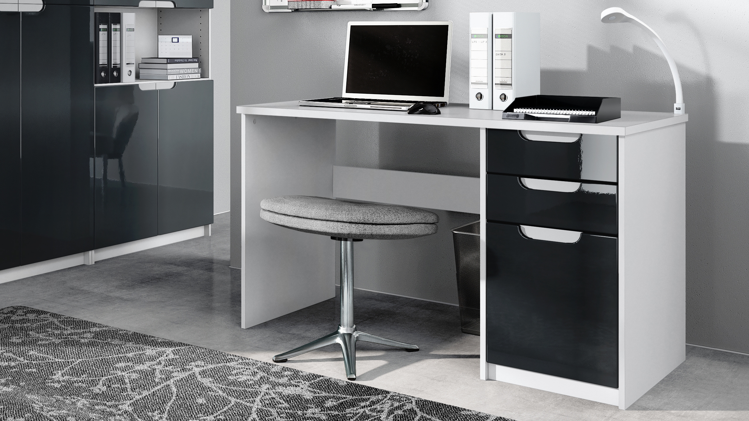 Hochglanz & Naturdekor Schreibtisch Computertisch Arbeitstisch Logan Weiß 