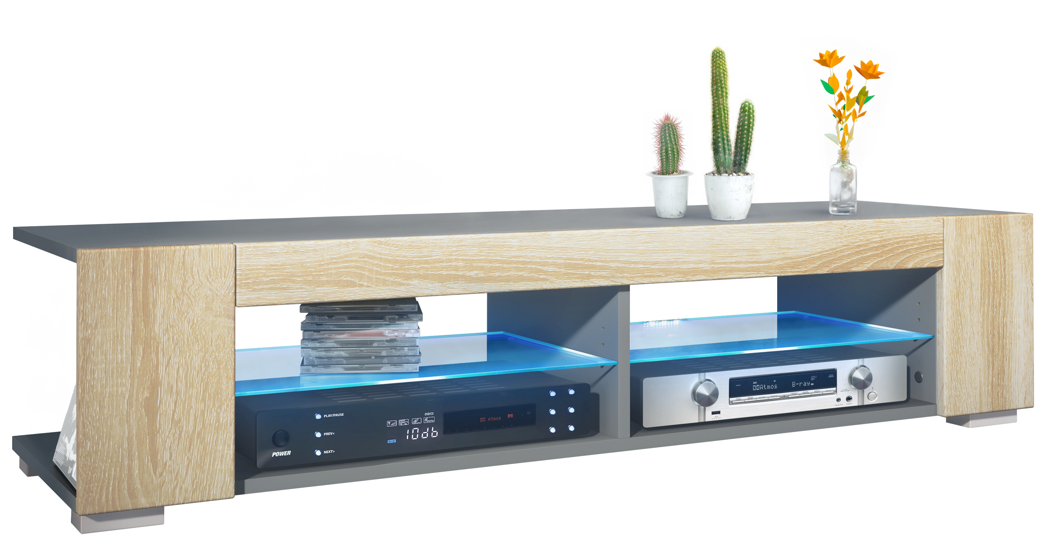 Lowboard TV-Kommode Movie mit 4 offenen Fächern und Zierleisten, Anthrazit LED - Bild 7 von 16