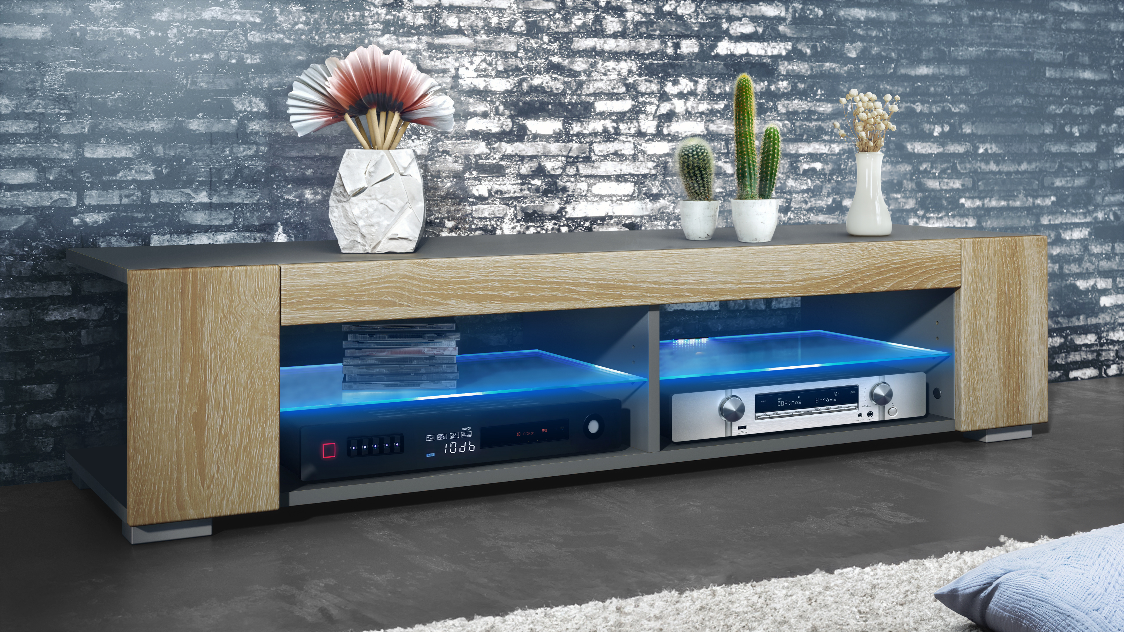 Lowboard TV-Kommode Movie mit 4 offenen Fächern und Zierleisten, Anthrazit LED - Bild 8 von 16