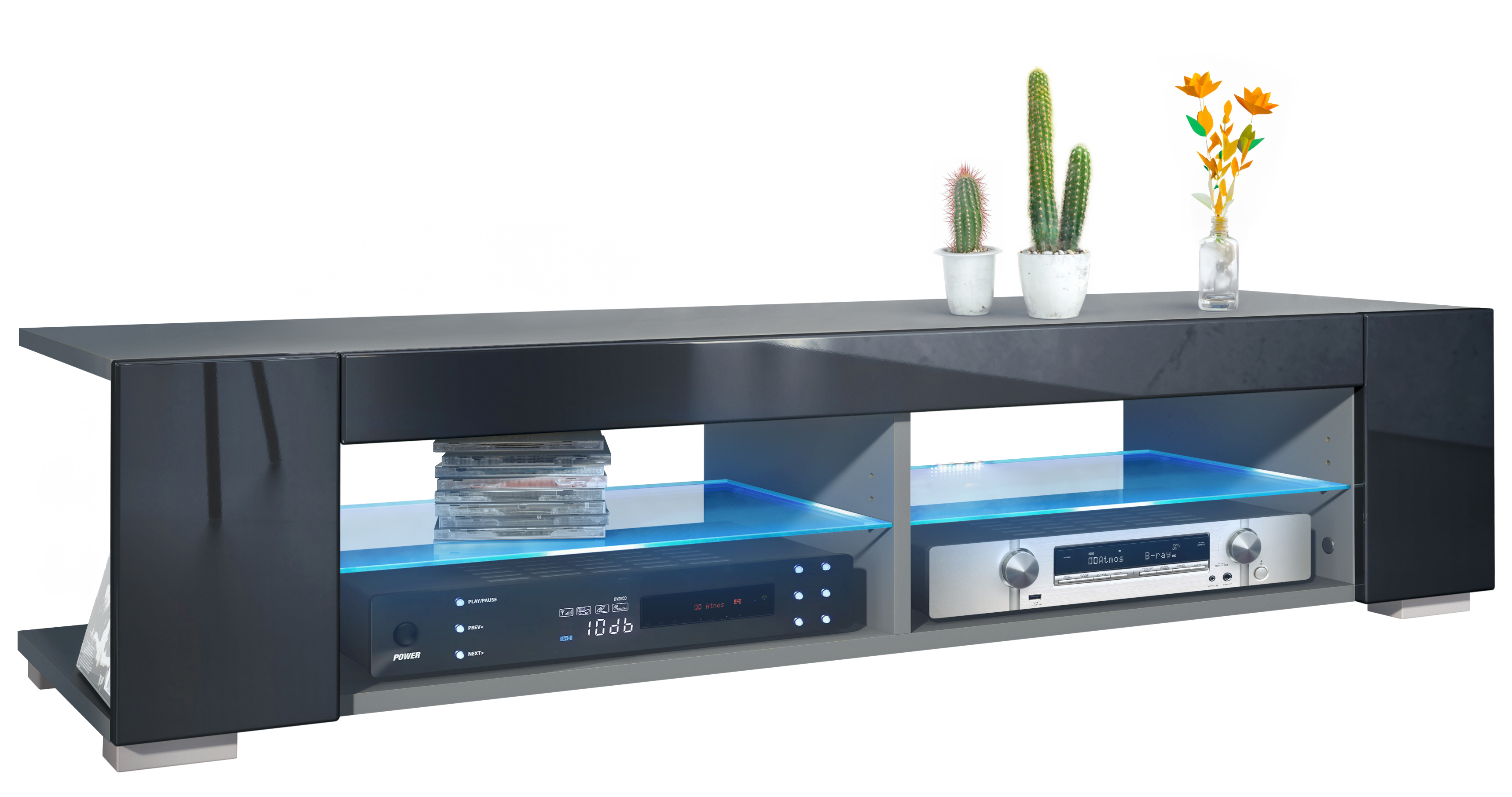 Lowboard TV-Kommode Movie mit 4 offenen Fächern und Zierleisten, Anthrazit LED - Bild 13 von 16